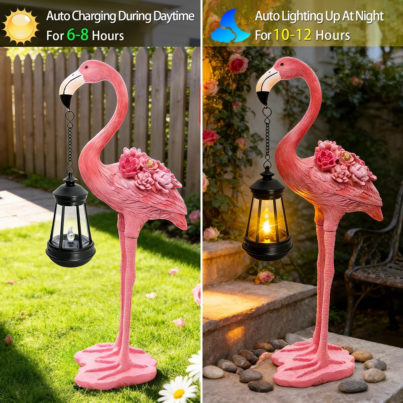 Yulloyello flamingo solar garden statue, 18.9-inch pink flamingo figurine with hanging solar lantern in outdoor yard display