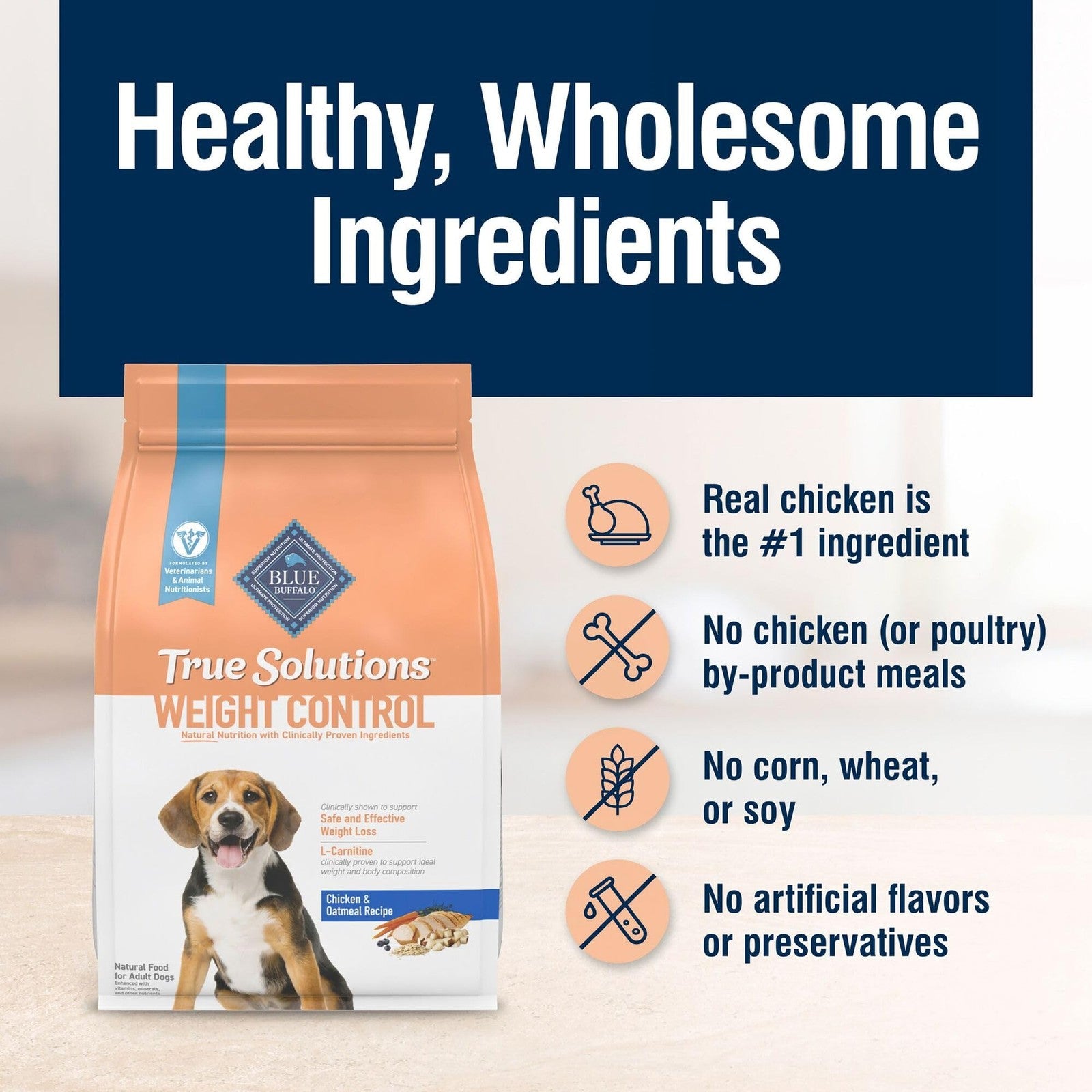 Blue Buffalo True Solutions weight control dry dog food for adult dogs, natural formula in a blue bag with kibble.