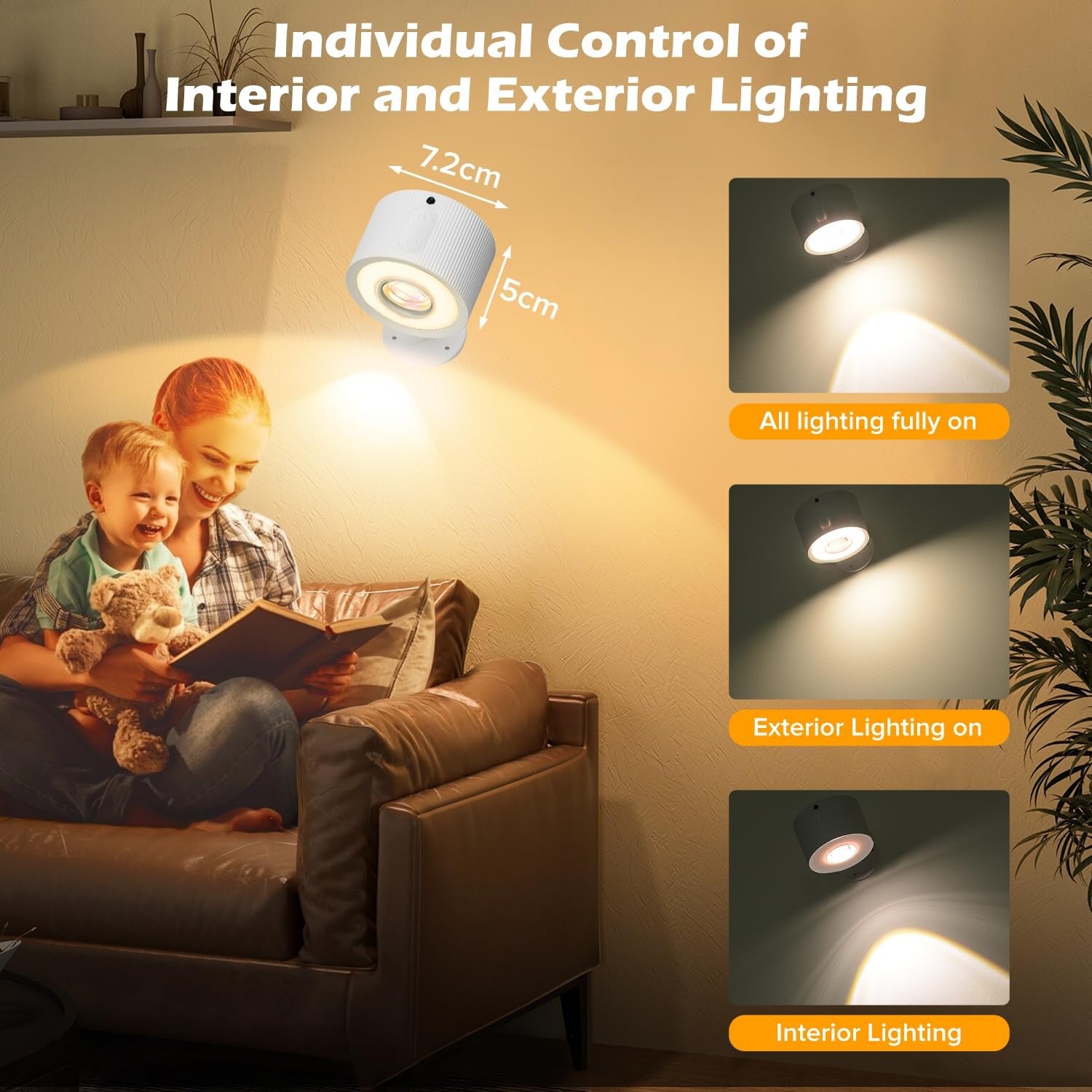 Plomixius LED wall-mounted lights with remote, rechargeable 3000mAh battery, showing four sleek, modern lighting fixtures on a wall.