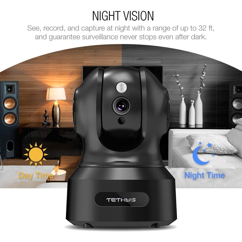 TETHYS wireless indoor security camera with 1080P resolution, pan and tilt, WiFi, and Alexa compatibility.