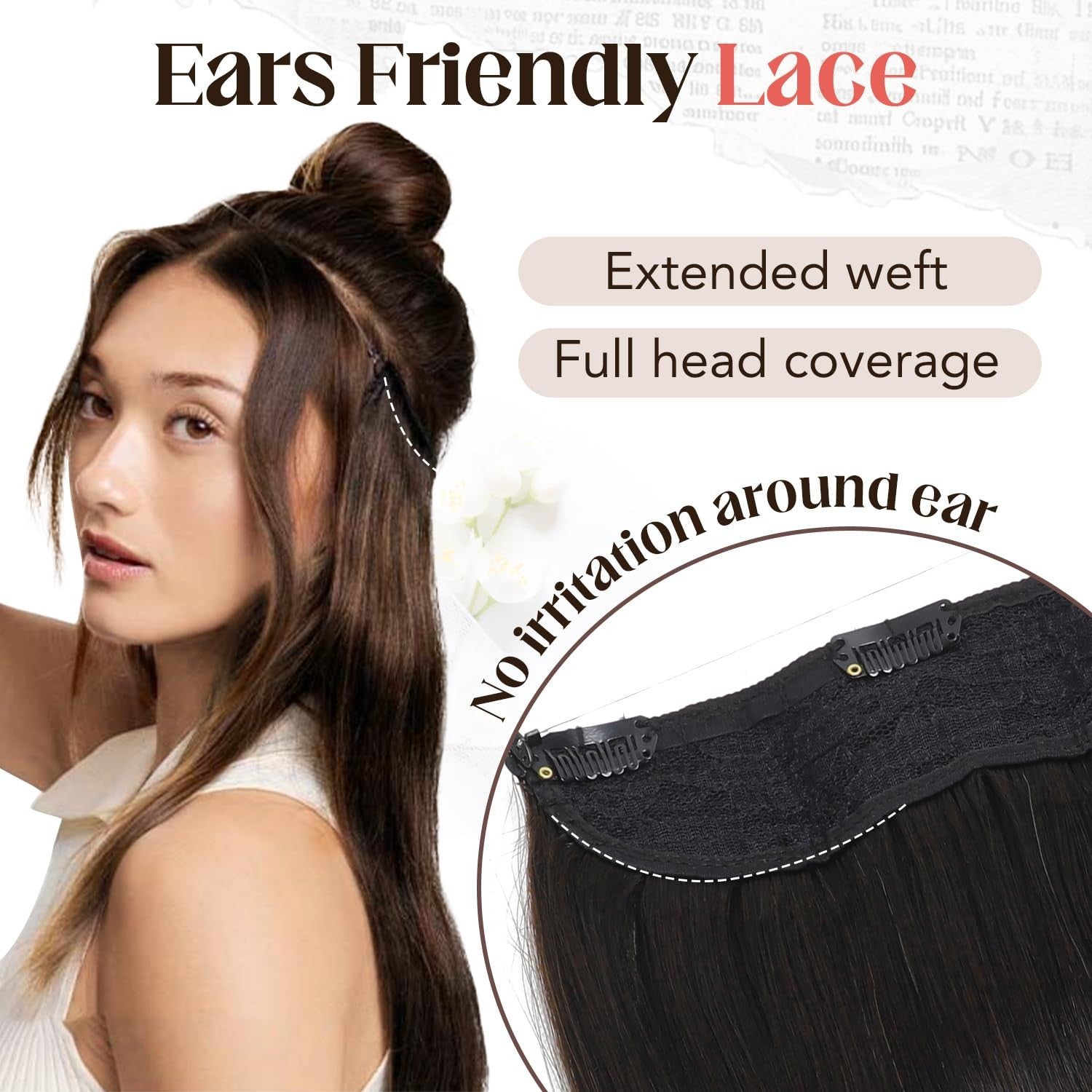 XDhair Invisible Wire Hair Extensions in natural black, real human hair, displayed on a model with long, flowing hair.