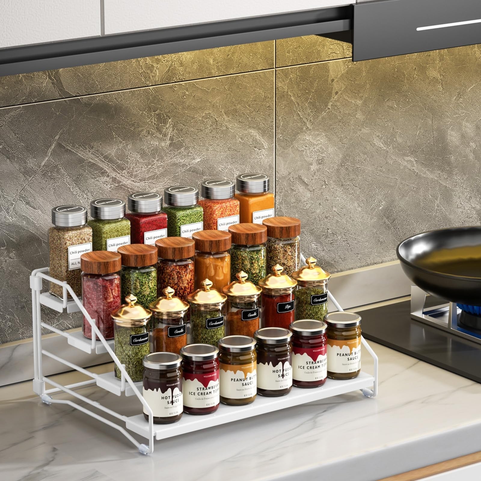 RCHYFEED 4-tier spice rack organizer for cabinet, holding spice jars and bottles in a neat, accessible storage solution.