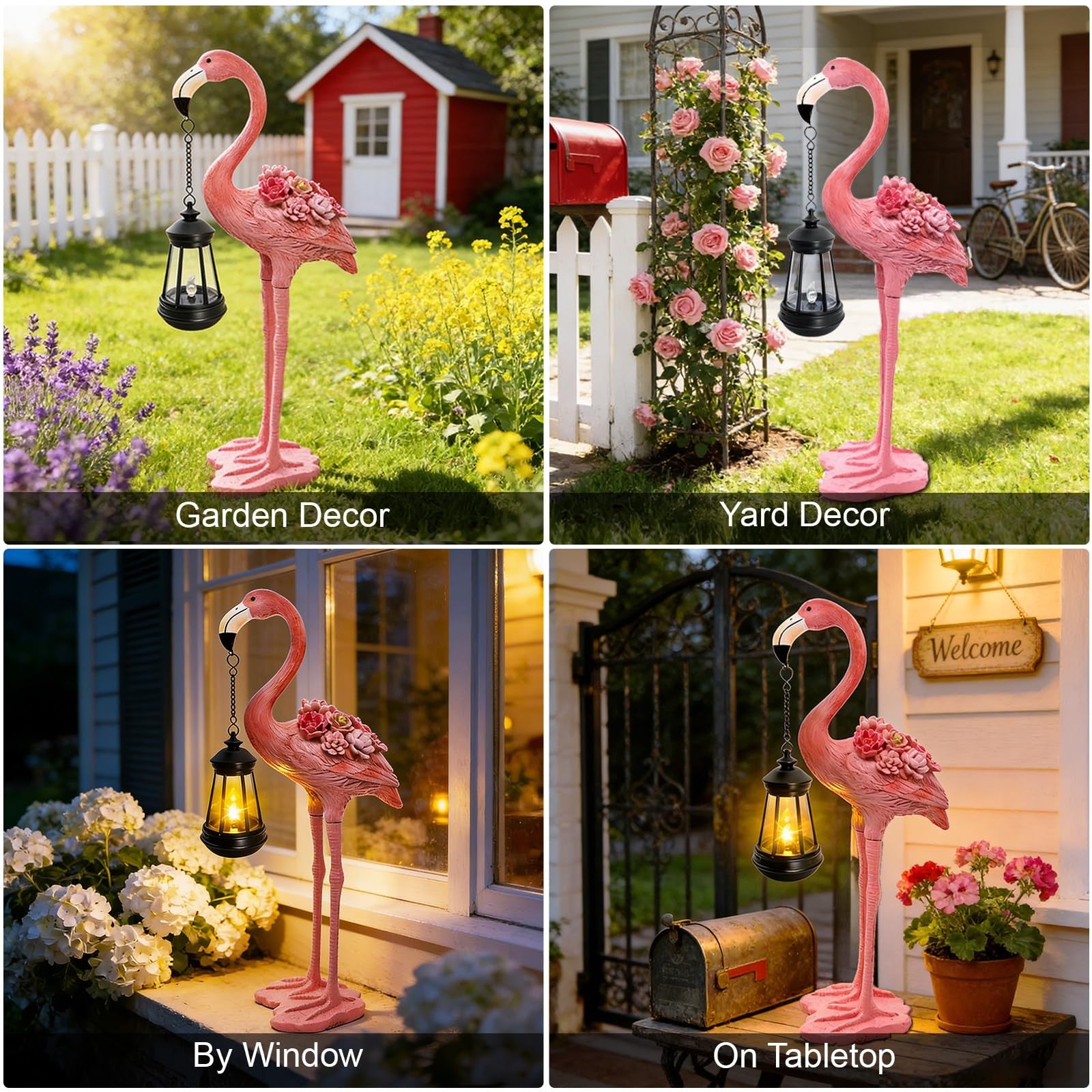 Yulloyello flamingo solar garden statue, 18.9-inch pink flamingo figurine with hanging solar lantern in a garden setting