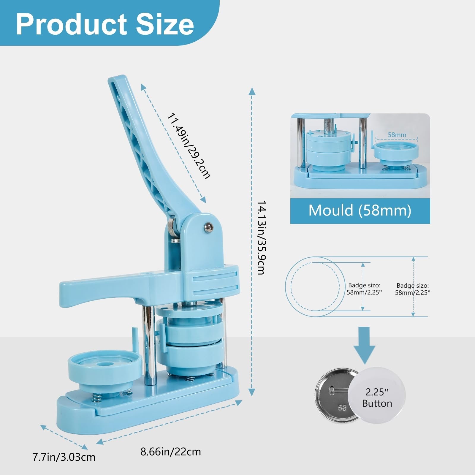 ALIESTFDNO button maker machine with 2.25-inch (58mm) size for creating custom button pins and badges.