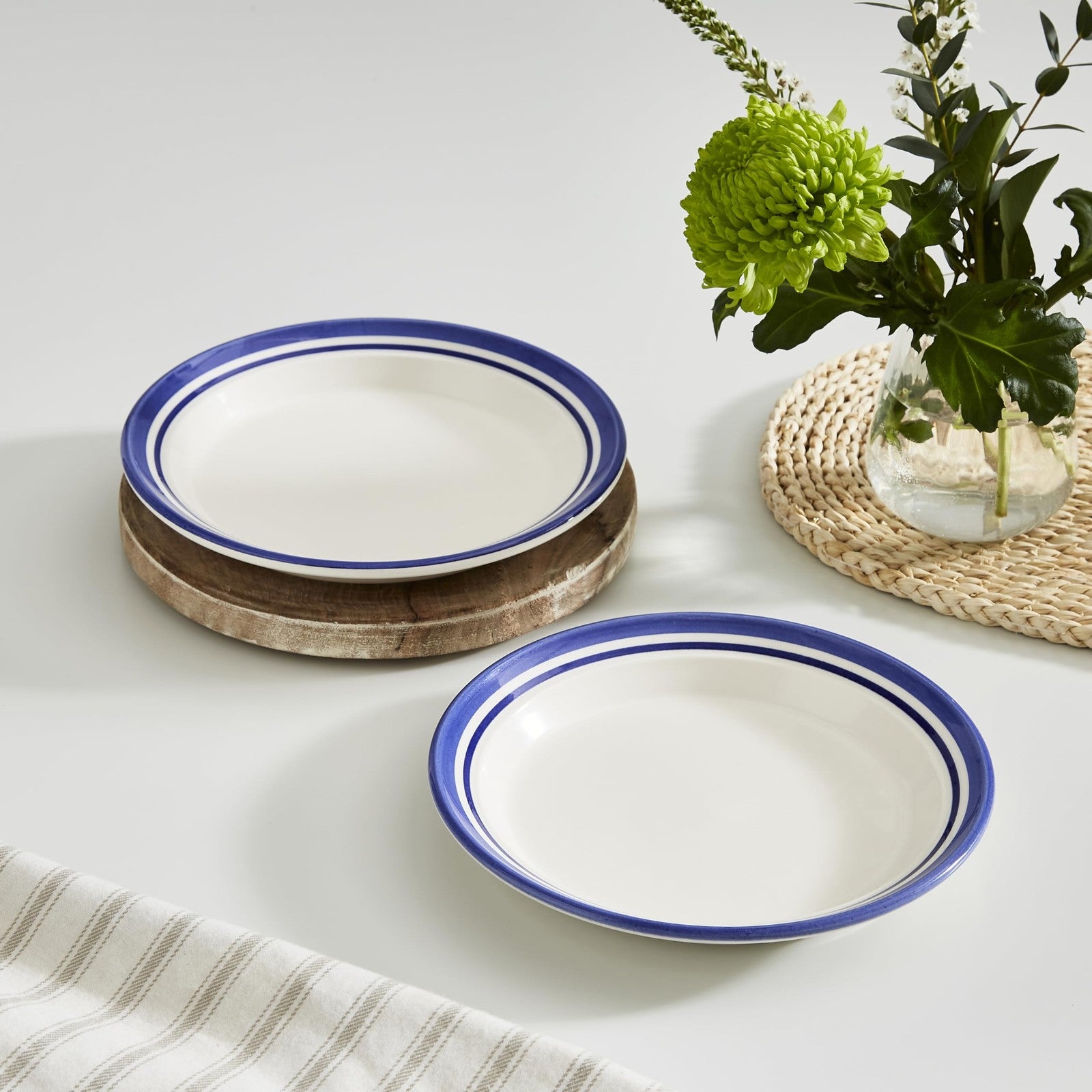 Set of four Portmeirion Potter's Stripe salad plates, 8-inch earthenware with colorful striped design, stacked neatly.