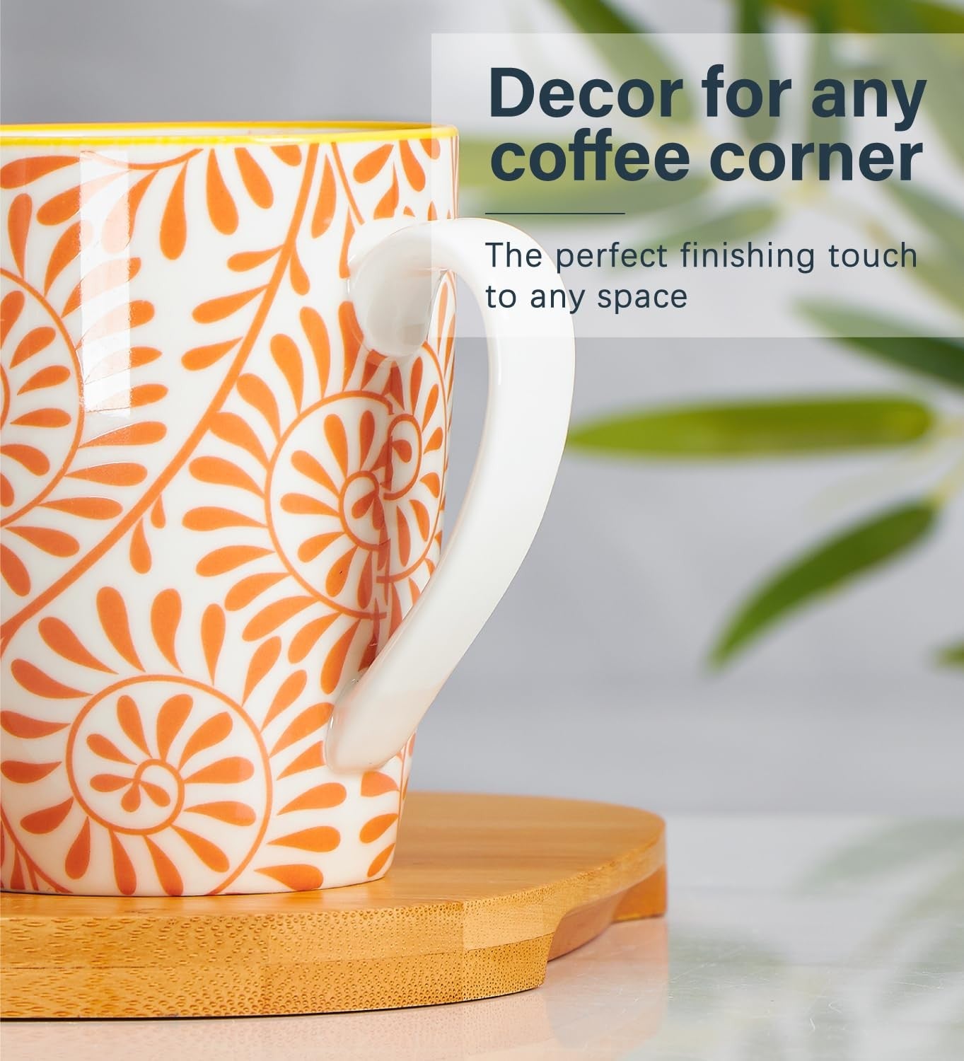 Set of six ONEMORE 12 oz ceramic coffee mugs with handles, stylish porcelain cups for hot beverages.