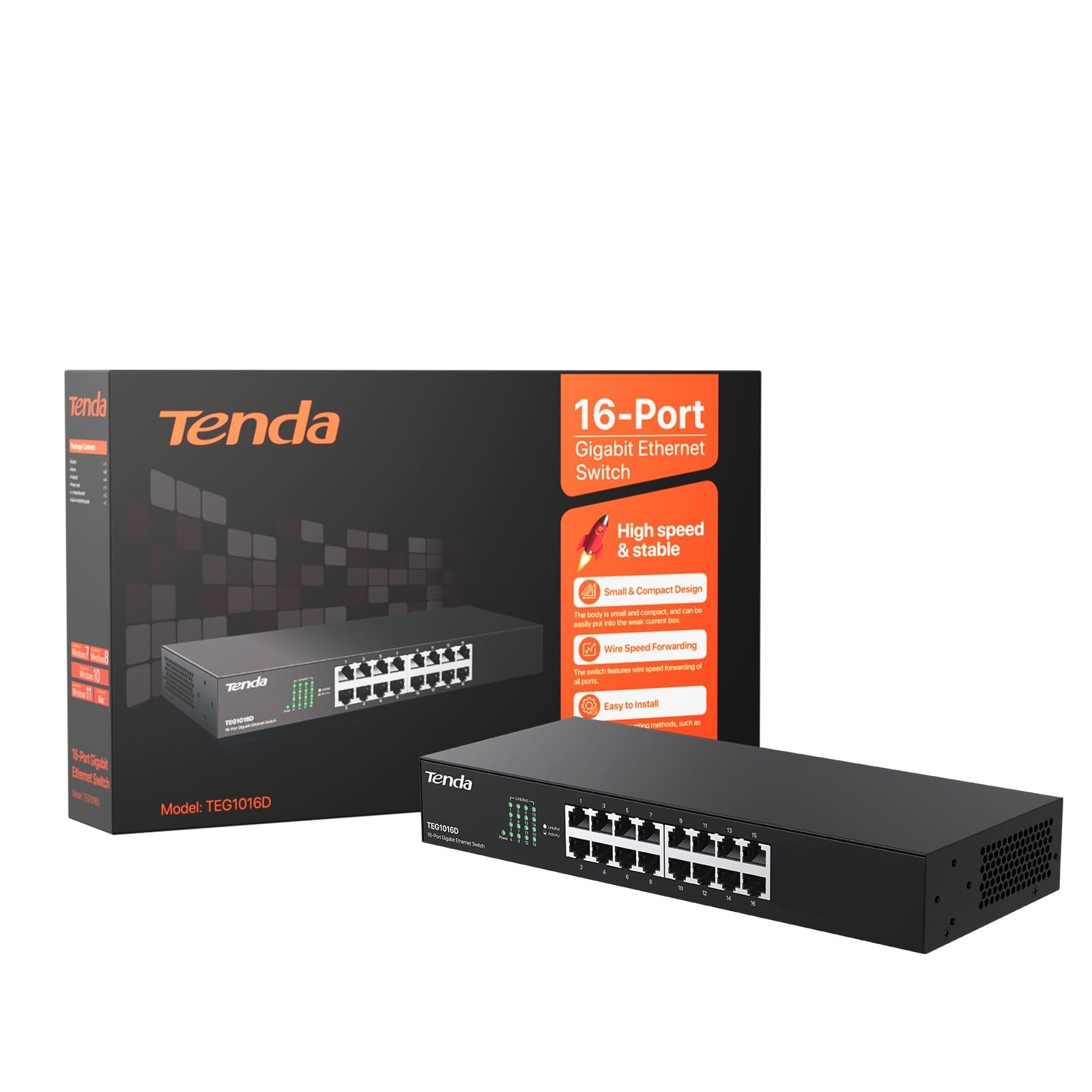 Tenda TEG1016D 16-port Gigabit unmanaged desktop network switch with LED indicators and Ethernet ports.