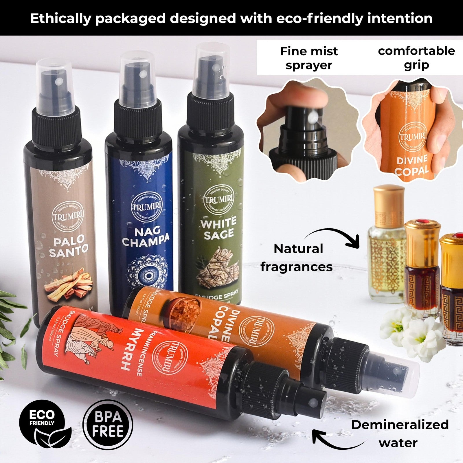 Set of 5 TRUMIRI smudge sprays featuring white sage, palo santo, frankincense, myrrh, nag champa, and copal for spiritual cleansing