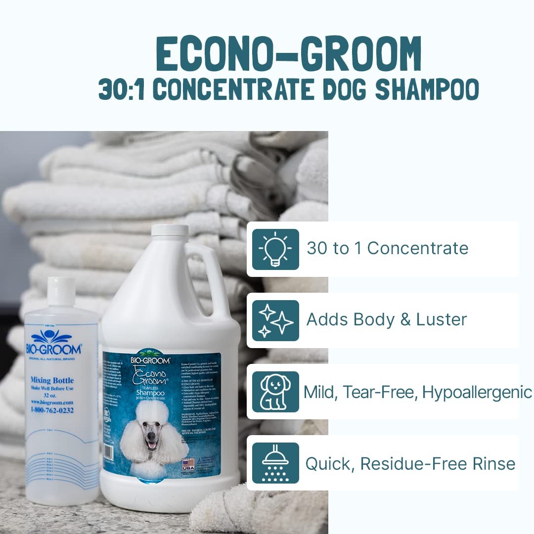 Bio-Groom Econo-Groom tearless dog and cat shampoo concentrate bottle with label visible, suitable for gentle pet bathing.