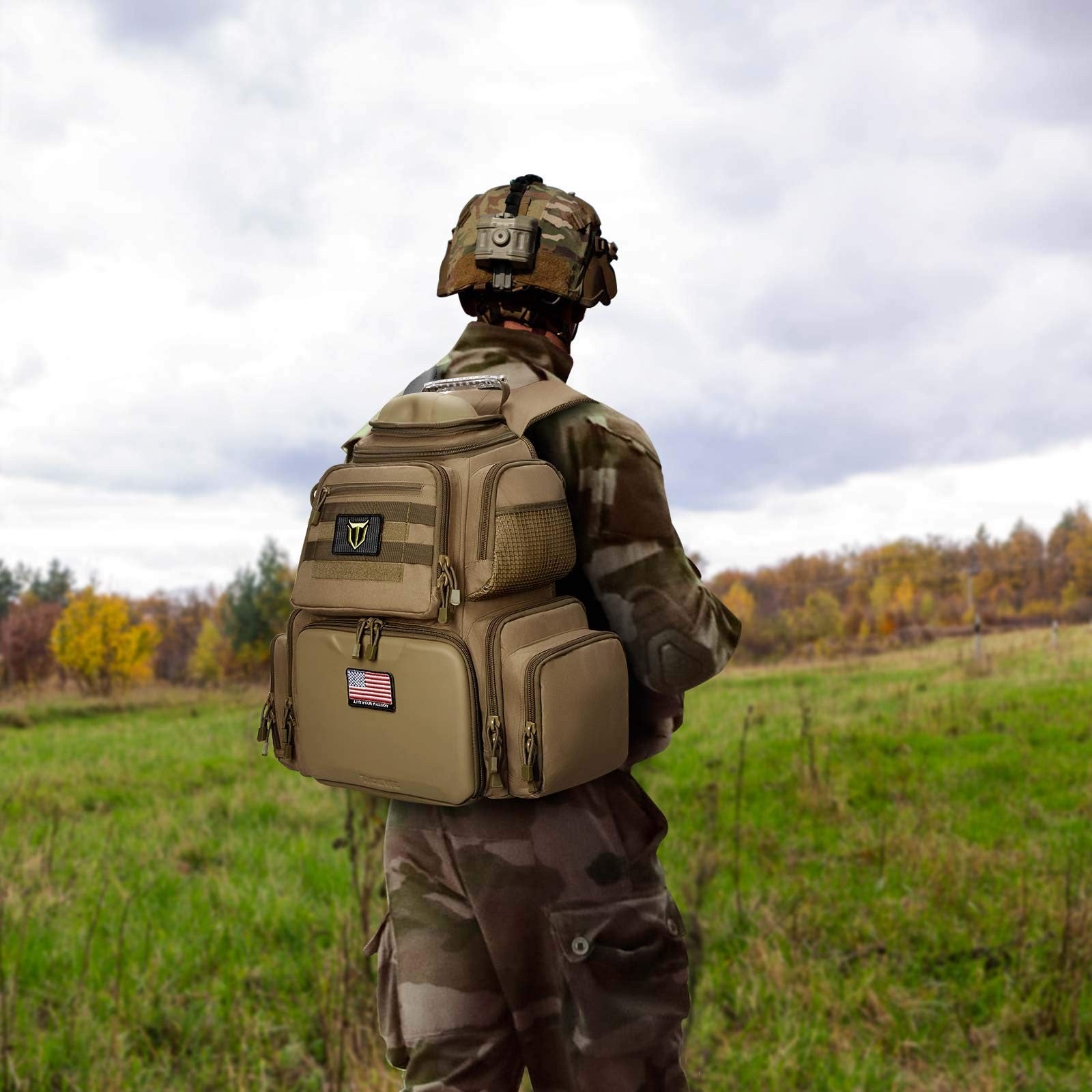 Tidewe tactical range backpack in khaki with gun and ammo storage, pistol case, and multiple compartments for outdoor shooting gear.
