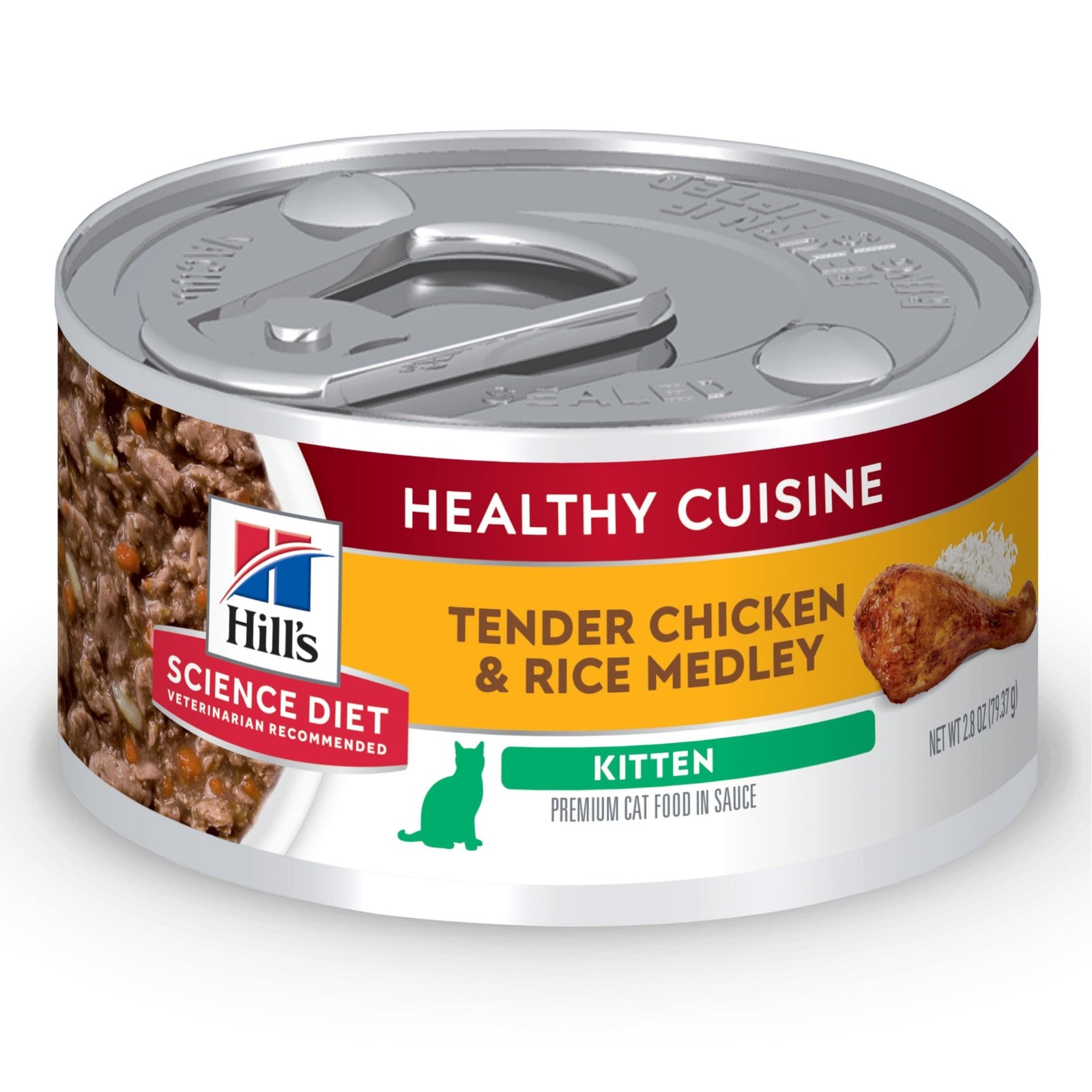Canned Hill's Science Diet Kitten Wet Food in chicken and rice stew, 2.8oz, featuring a colorful bowl of kitten food with chicken chunks