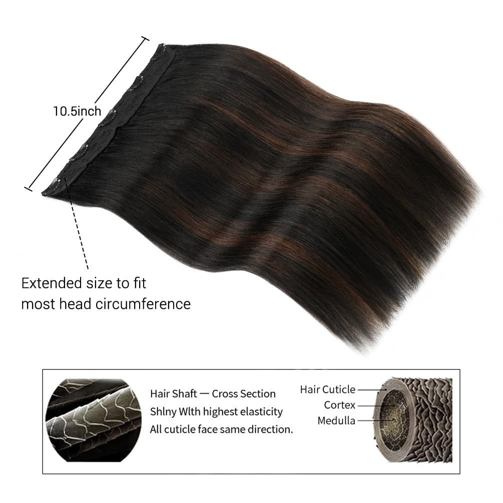 Winsky brown balayage real human hair clip-in extensions, 70g, 16 inches, #1BT4P1B color, styled with natural waves