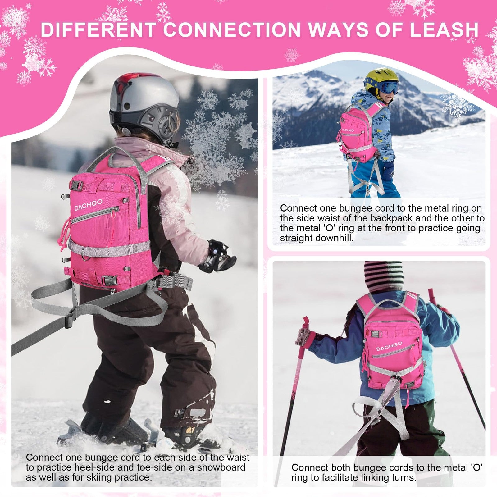 Dachgo kids' ski and snowboard harness with adjustable leash and removable seat, featuring colorful straps and safety buckles.