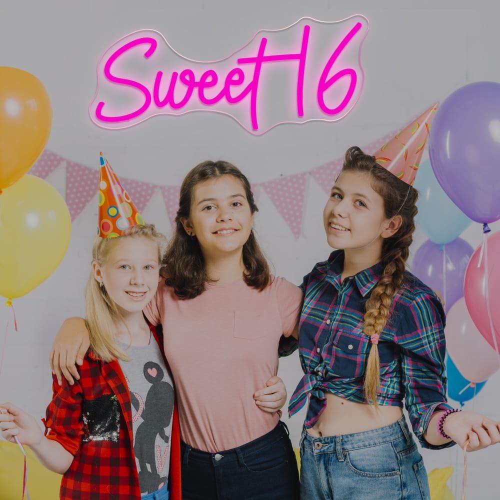 Neooglroad 16.8-inch Sweet 16 neon sign with USB power and dimmer switch, perfect for 16th birthday party decorations.