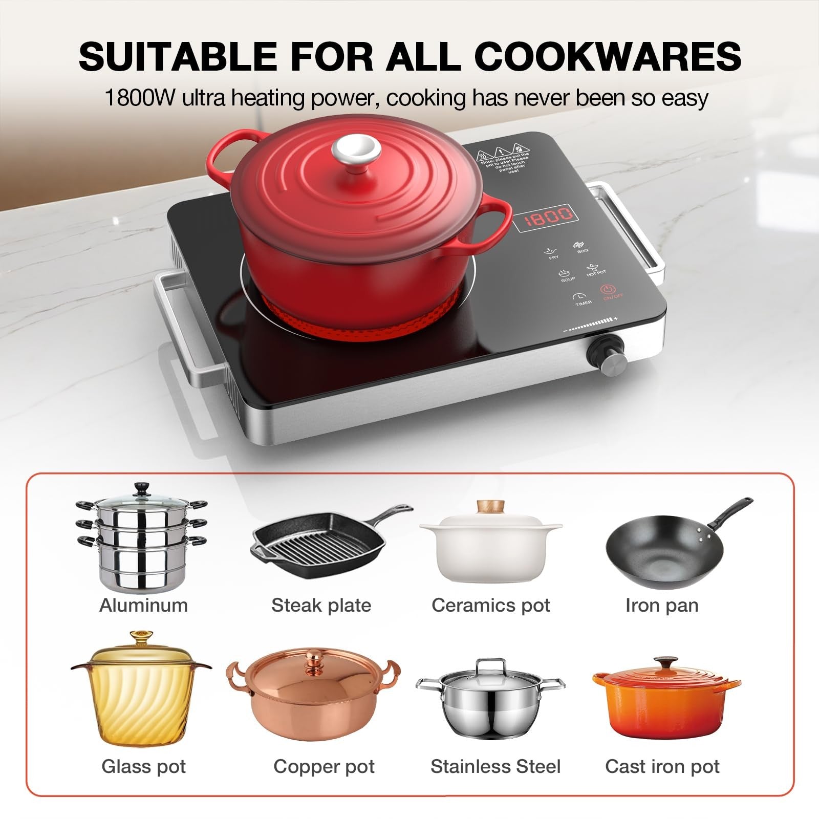 Portable electric cooktop with 1800W single burner, black ceramic surface and power plug from GTKZW.