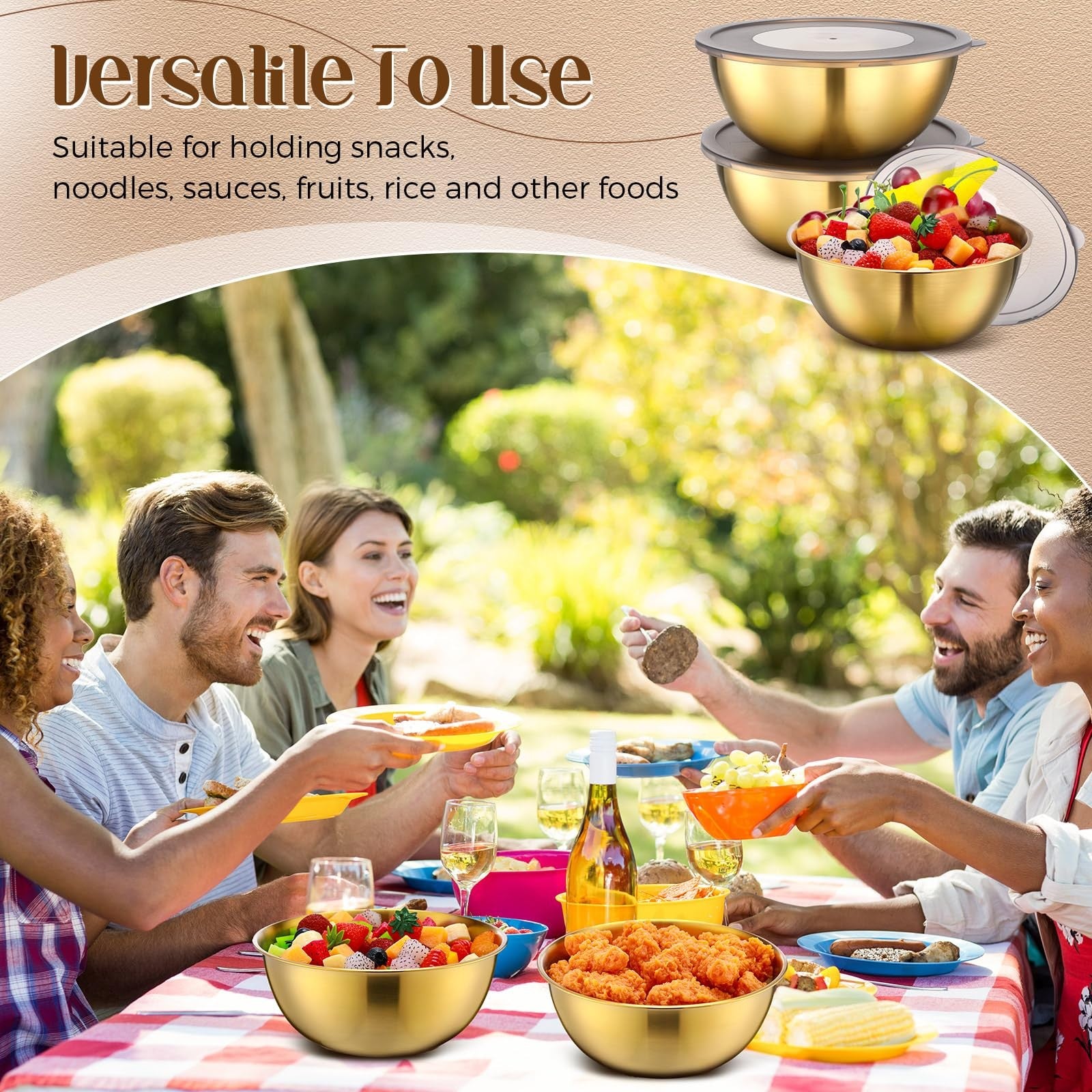 Nuogo 12-pack gold mixing bowls with airtight lids, 8.27 inches, featuring shiny gold finish and secure lids for serving and storage.