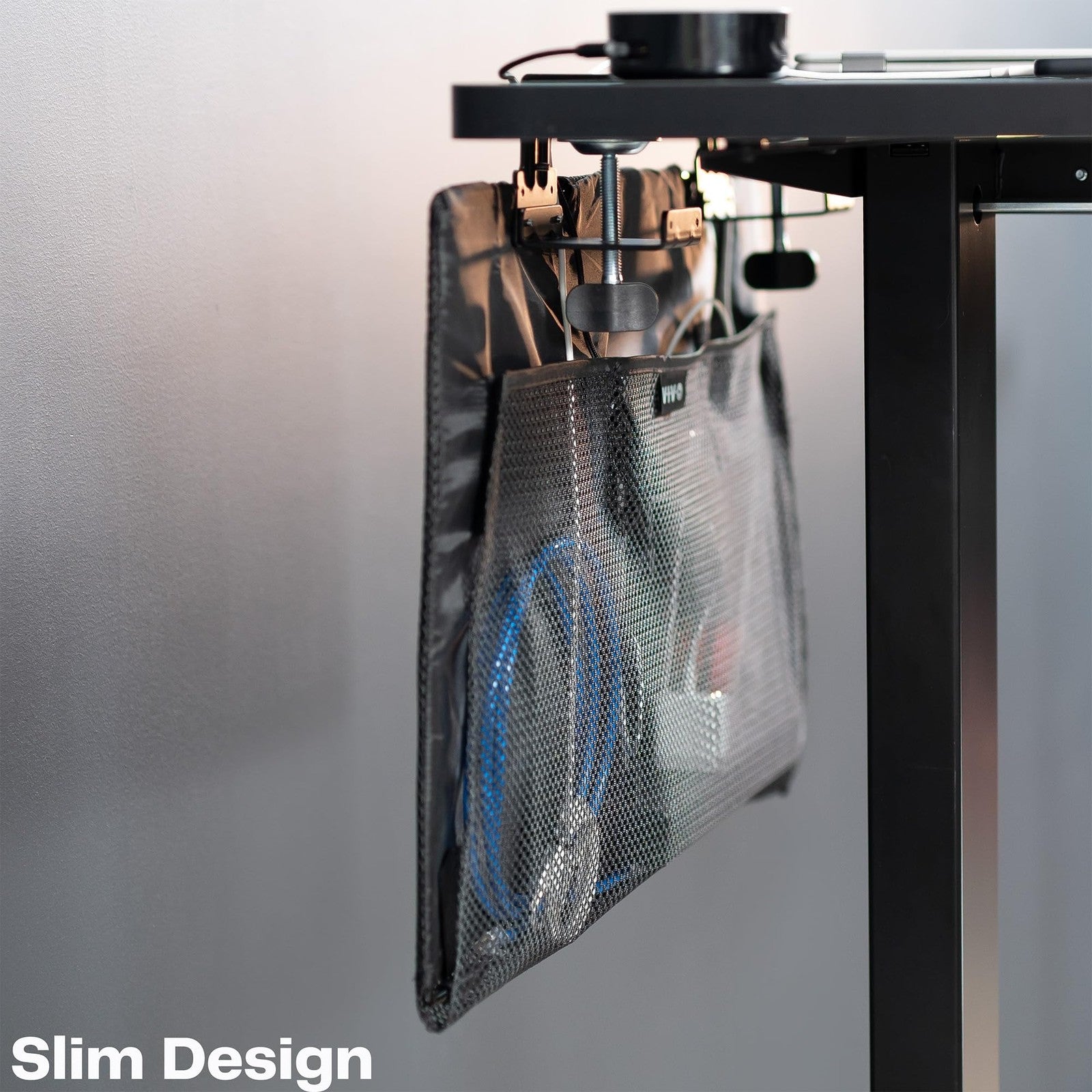 VIVO 24-inch clamp-on privacy and cable management organizer sleeve hiding wires and cables for a neat workspace.