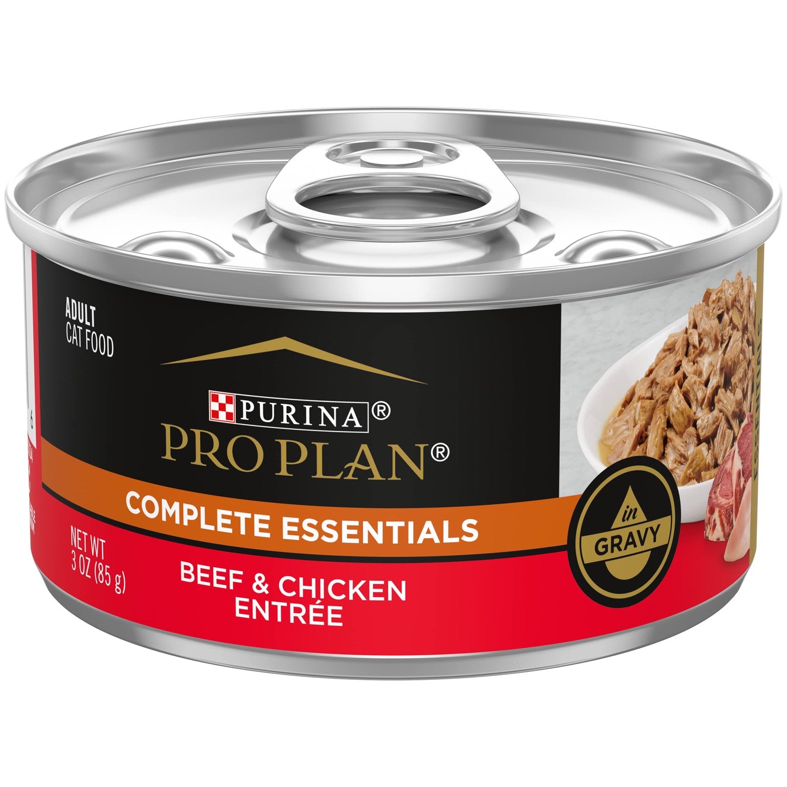 Cans of Purina Pro Plan high protein cat food with beef and chicken gravy in a pack of 24, showing the wet cat food entee.