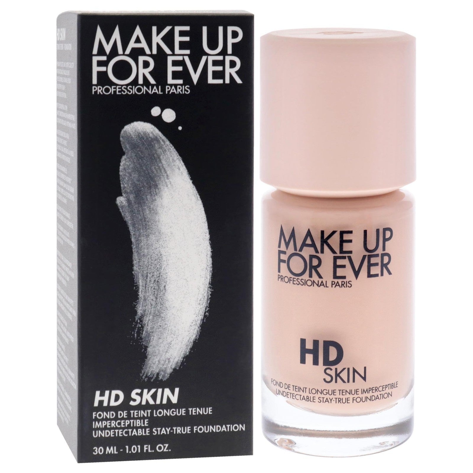 Make Up For Ever HD Skin Undetectable Longwear Foundation in shade 1R12, close-up of the foundation bottle with a smooth skin finish.