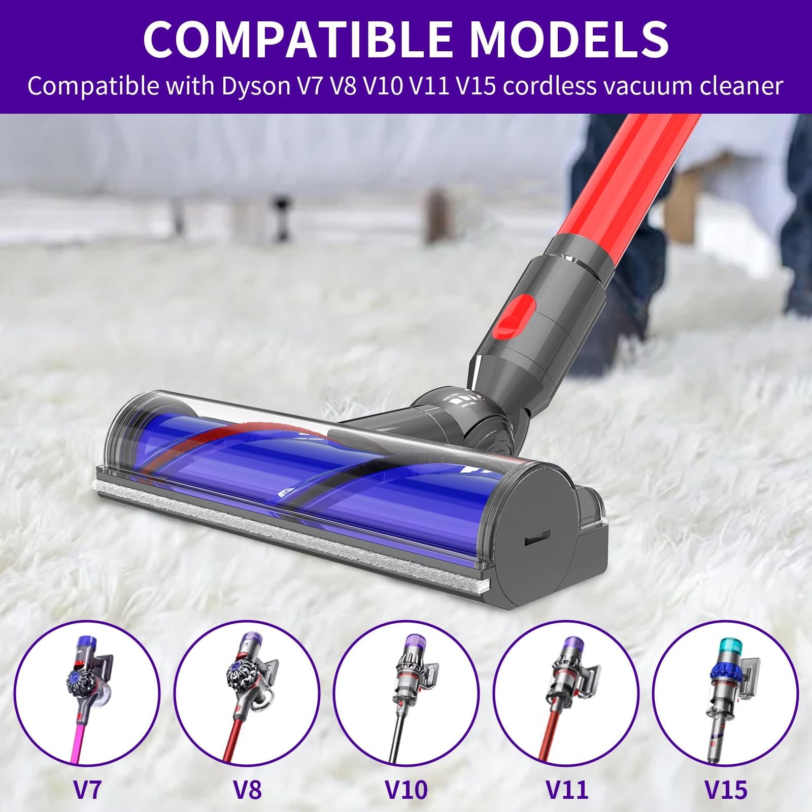 AYZYM quick-release vacuum direct drive head replacement for Dyson V7, V8, V10, and V11 models, showing the attachment and brush design.