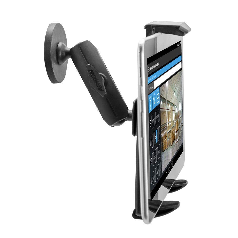 ARKON magnetic tablet mount for 9-12 inch tablets attached to a forklift, demonstrating secure grip and adjustable positioning.