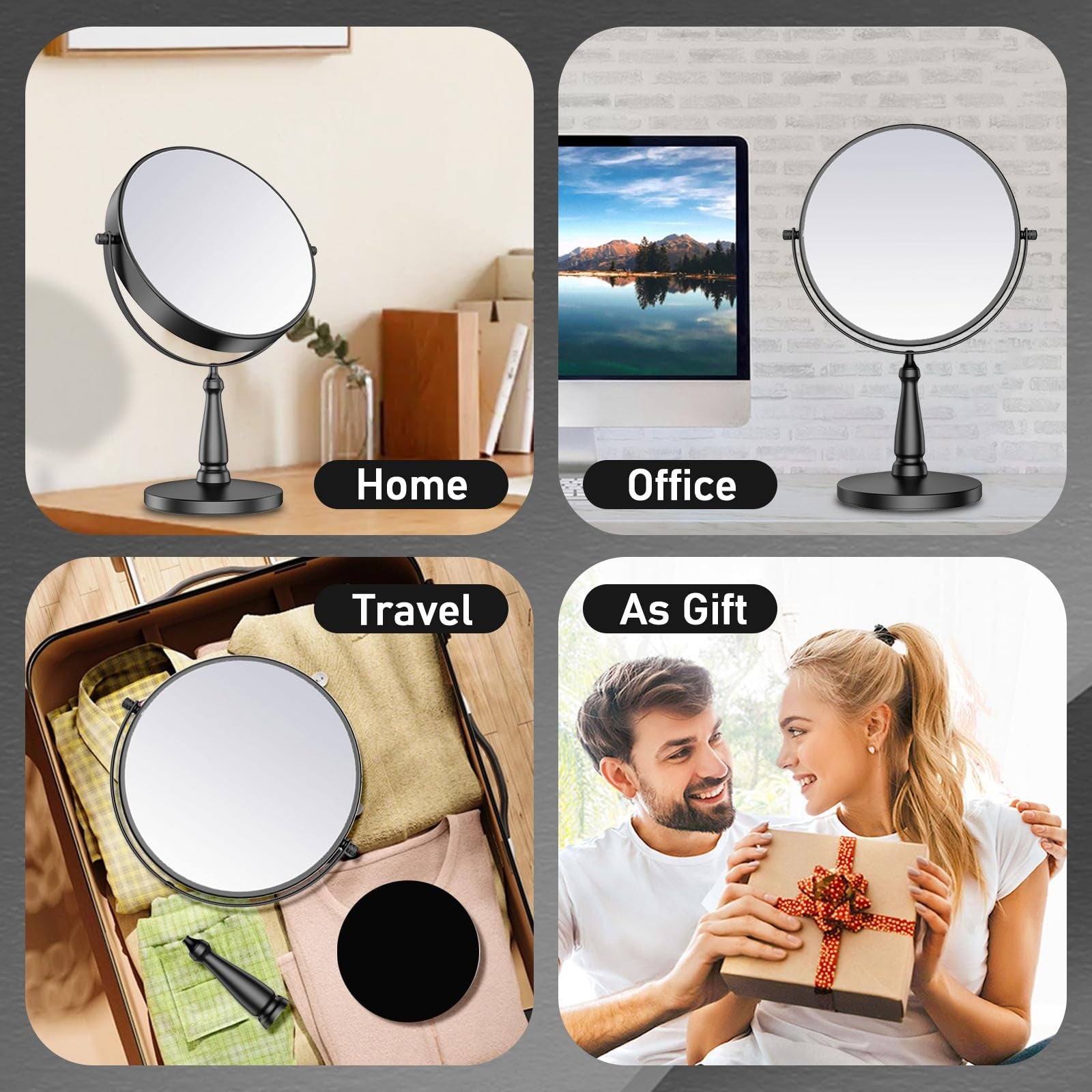 WOOCICA 30X magnifying vanity mirror with metal frame, tabletop design, ideal for makeup application, close-up view of mirror surface