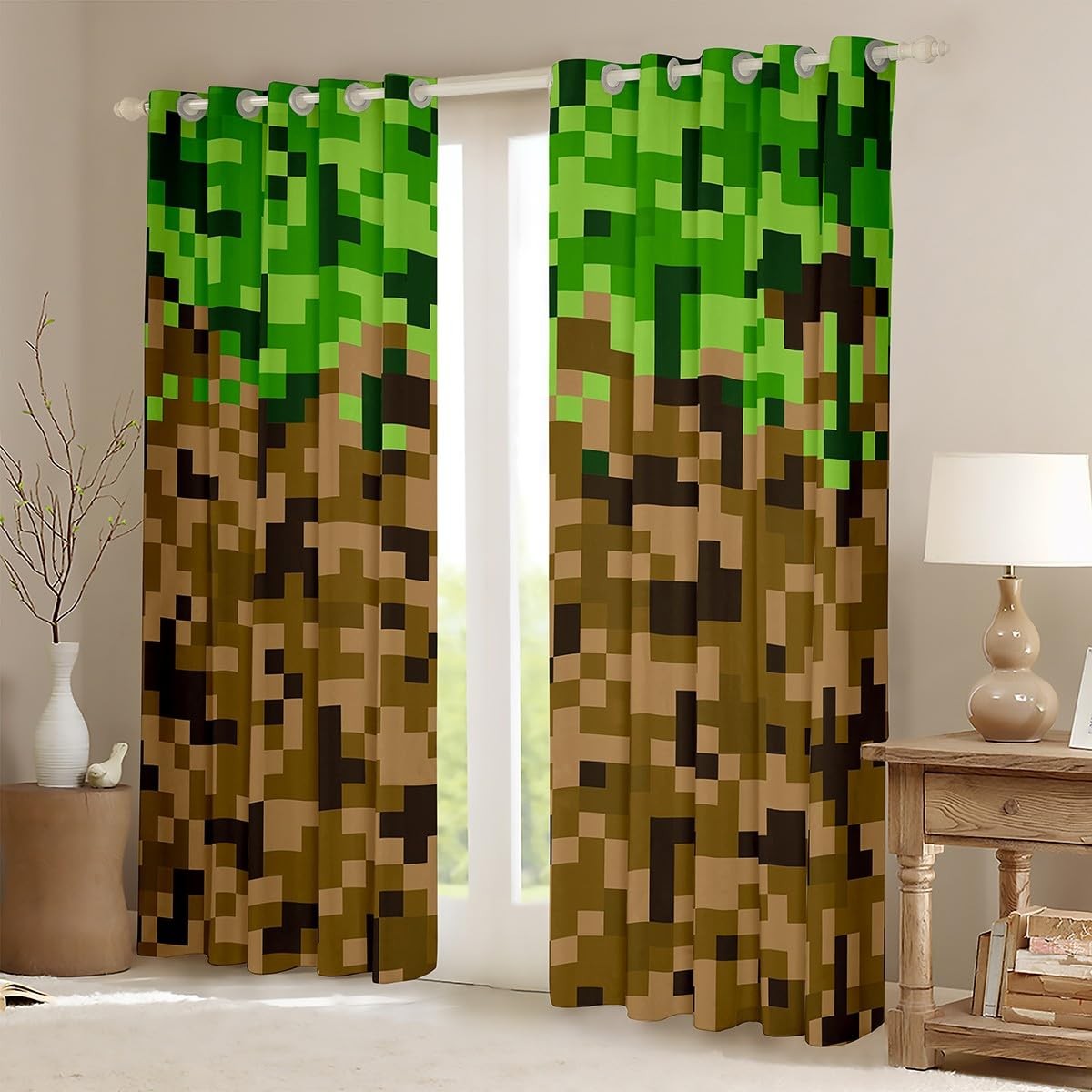 Castle Fairy miners style square grid window curtain in brown and green army camouflage for kids, with a playful camo pattern.