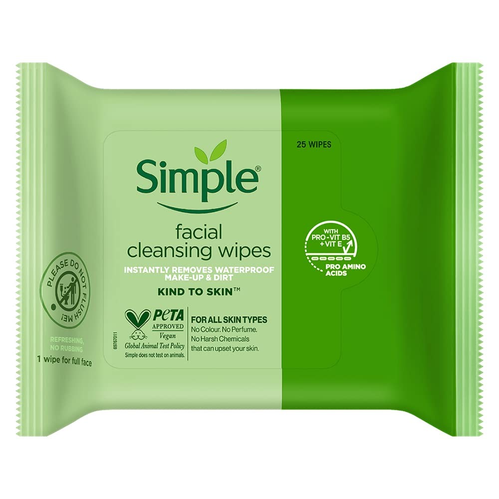 Six packs of Simple Kind to Skin cleansing facial wipes, showing the unopened packs with soft, white wipes inside.