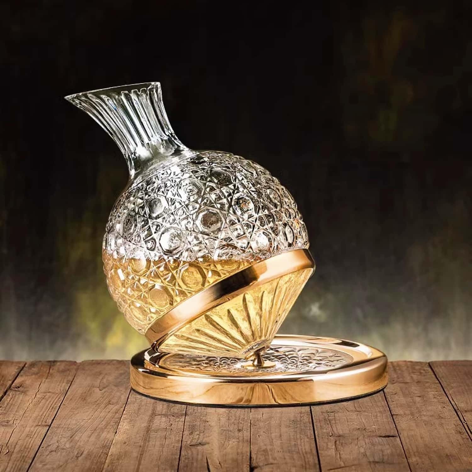Jarler wine decanter set with spinning crystal red wine decanter and carafe, featuring a football-shaped design and elegant craftsmanship.