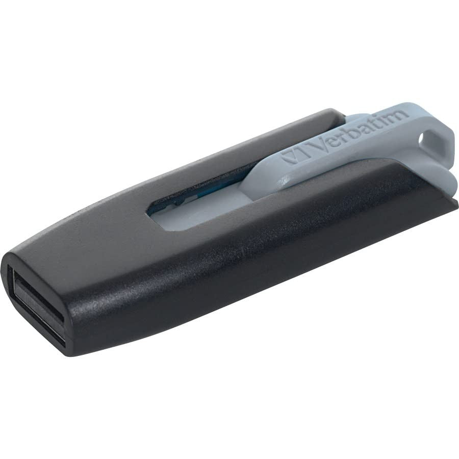 Verbatim Store 'n' Go V3 USB flash drive with black and silver design, showing the USB connector and branding.