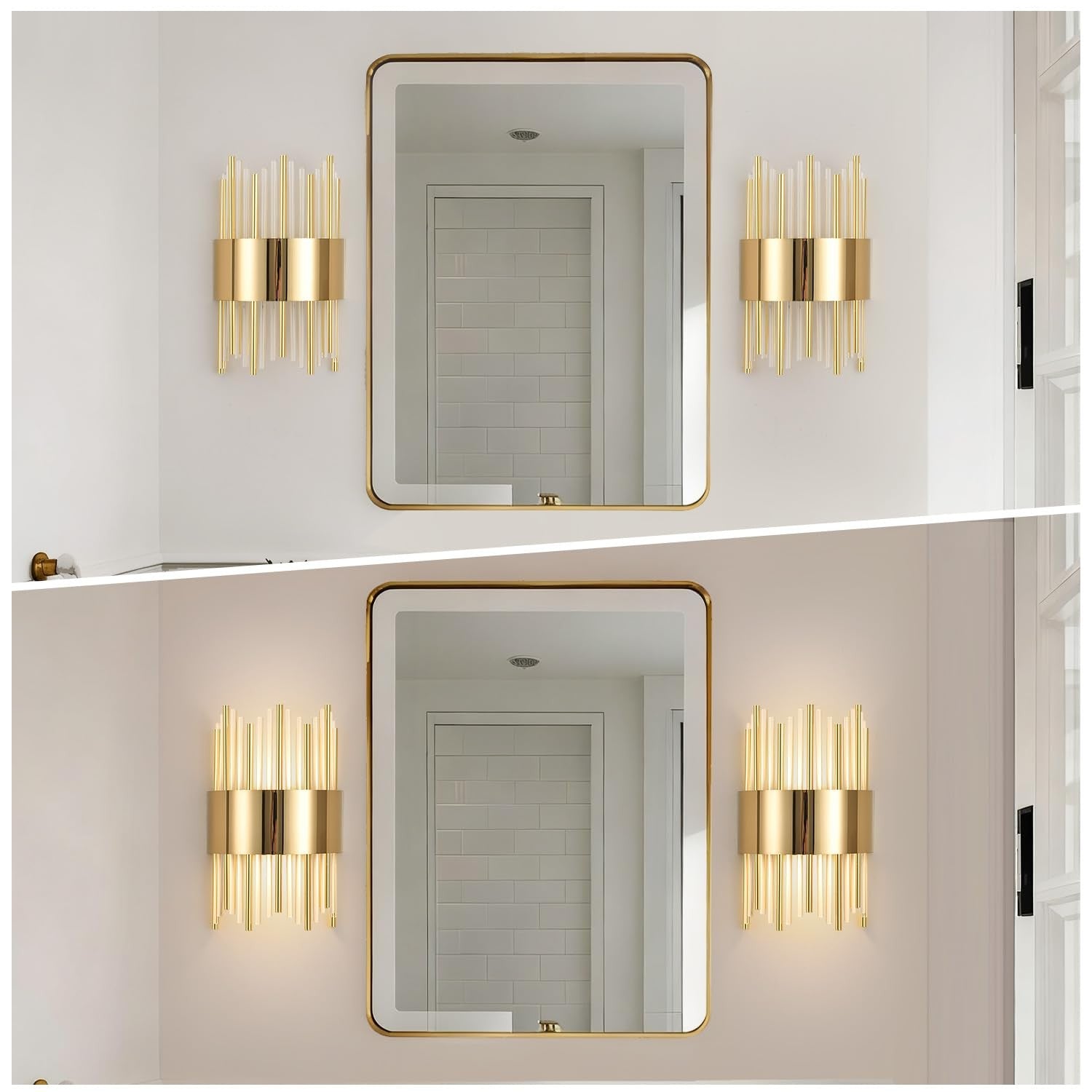 Modern crystal wall sconces with LED lighting, featuring elegant design and clear glass crystals for stylish wall decoration.