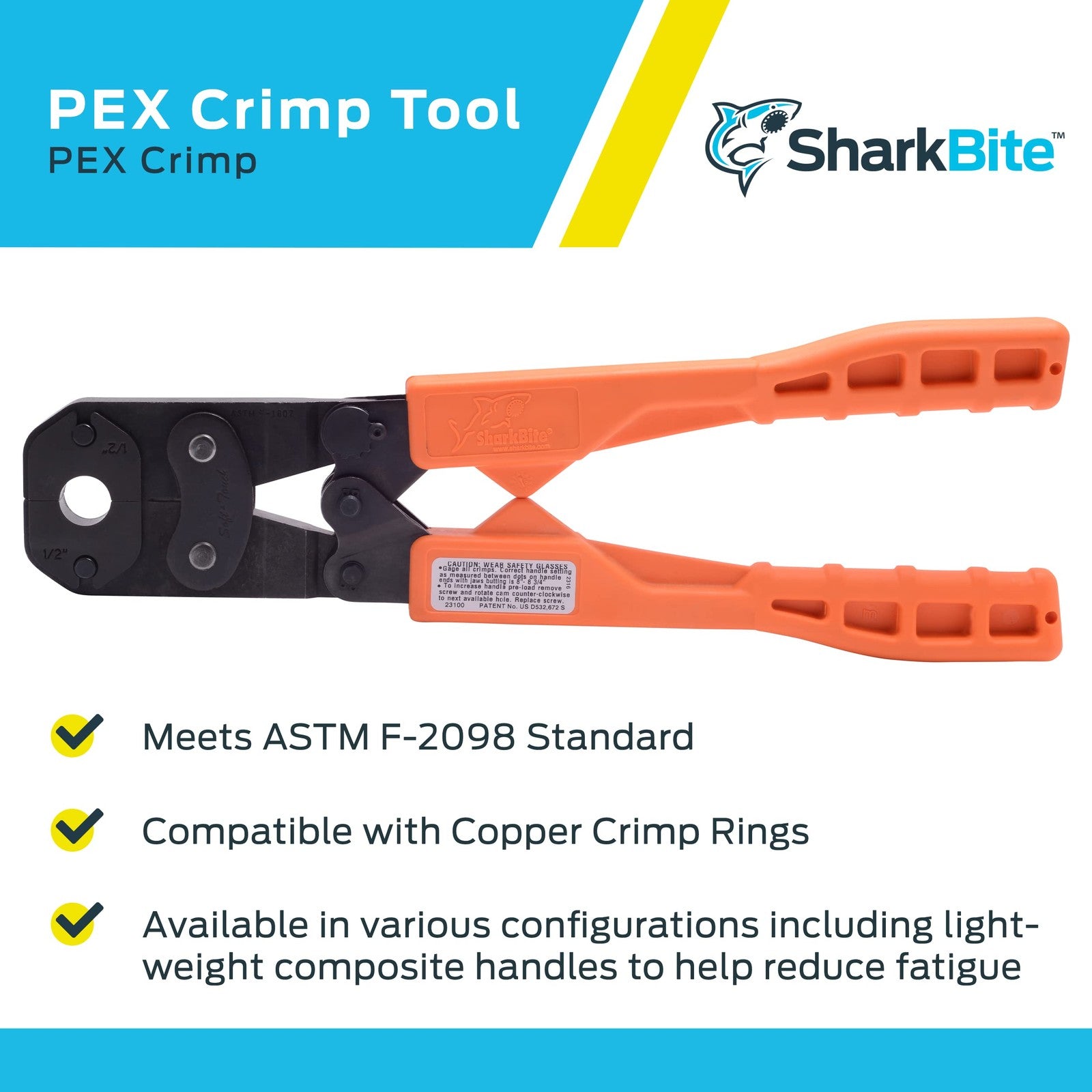 SharkBite 3/8 inch PEX crimp tool with multi-head kit and orange handles used for plumbing pipe fittings.