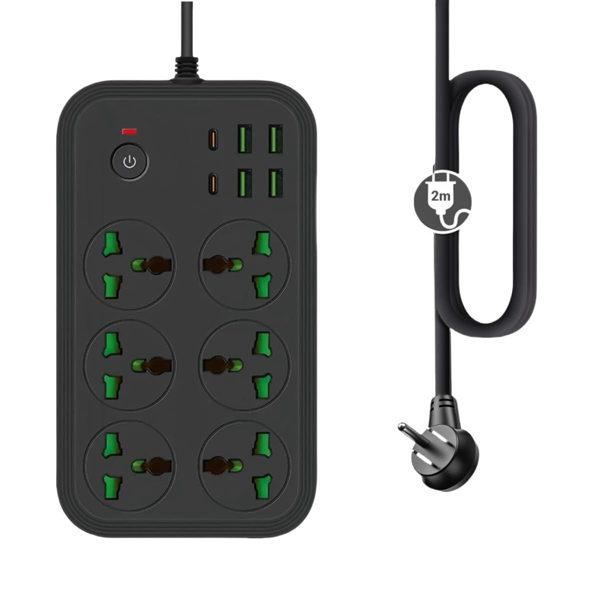 COOFINE 12-in-1 flat plug power strip with 6 outlets, 4 USB A ports, and 2 USB-C ports for versatile charging options.