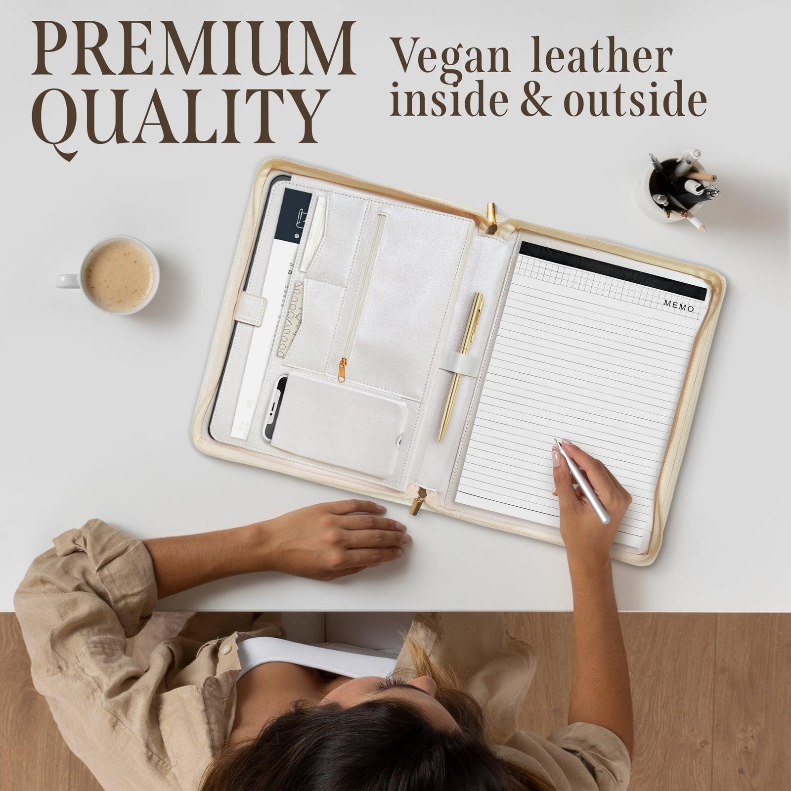 Beige leather women’s padfolio with zipper binder and organizer, featuring a stylish design and secure zip closure.