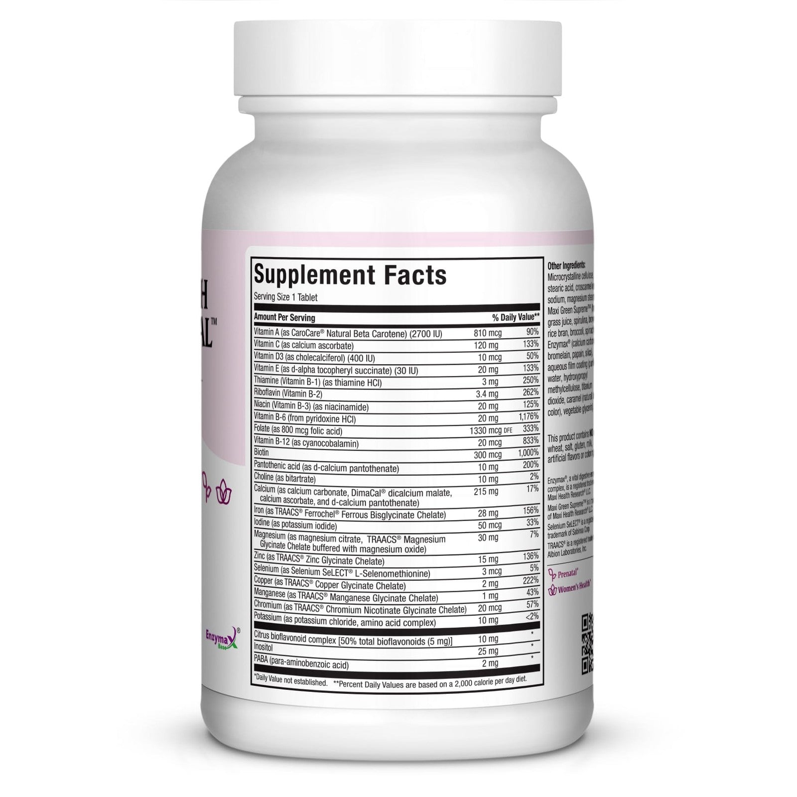 Maxi Health Prenatal Vitamins for women, daily supplement with iron and folate, in a bottle with tablets visible inside.