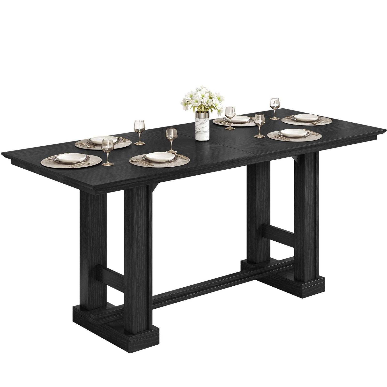 Wooden farmhouse dining table for 6-8 people, 70 inches long, sturdy kitchen table with a rustic design.