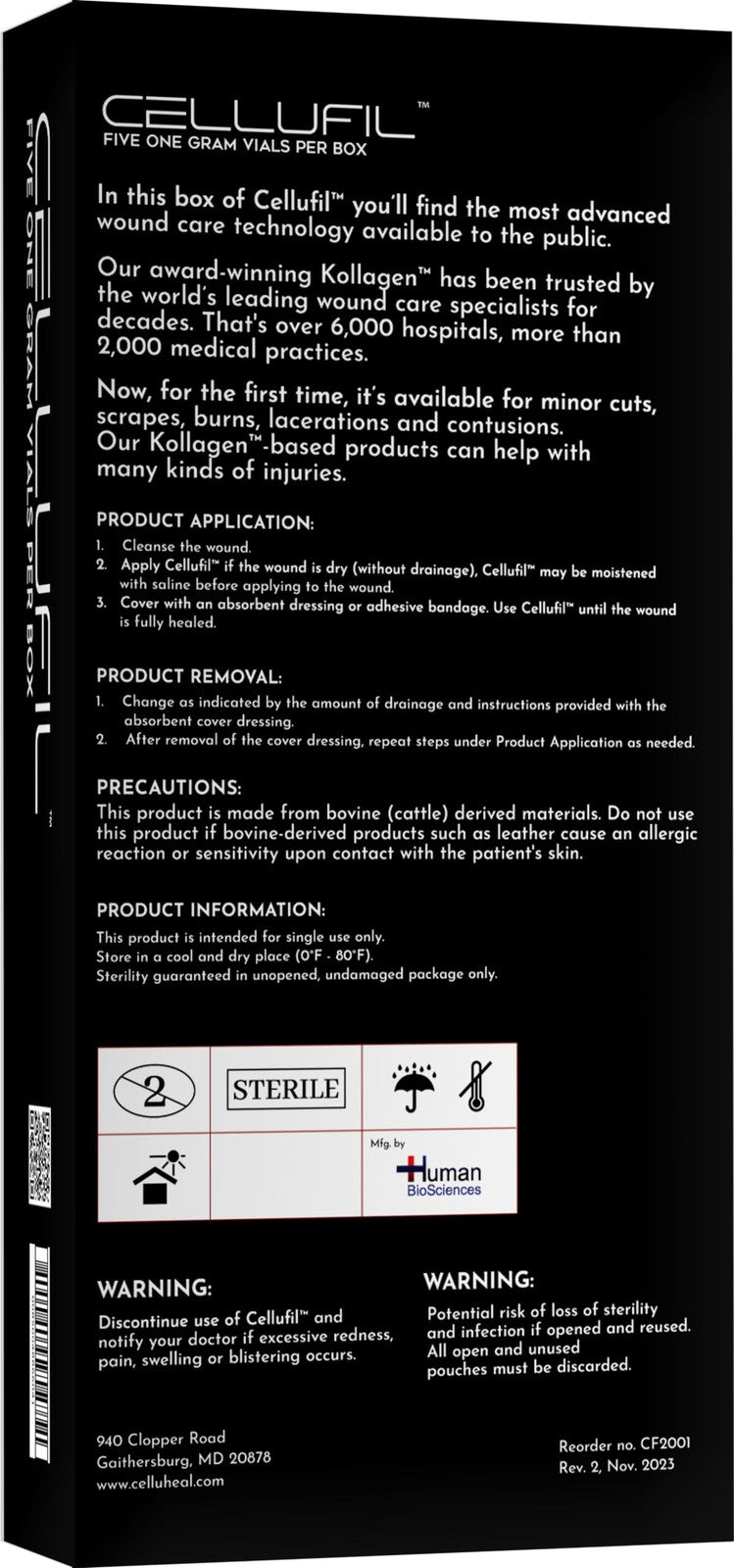Celluheal Cellufil Collagen Particles in 5 vials for advanced wound care, showing sterile vials with collagen powder.