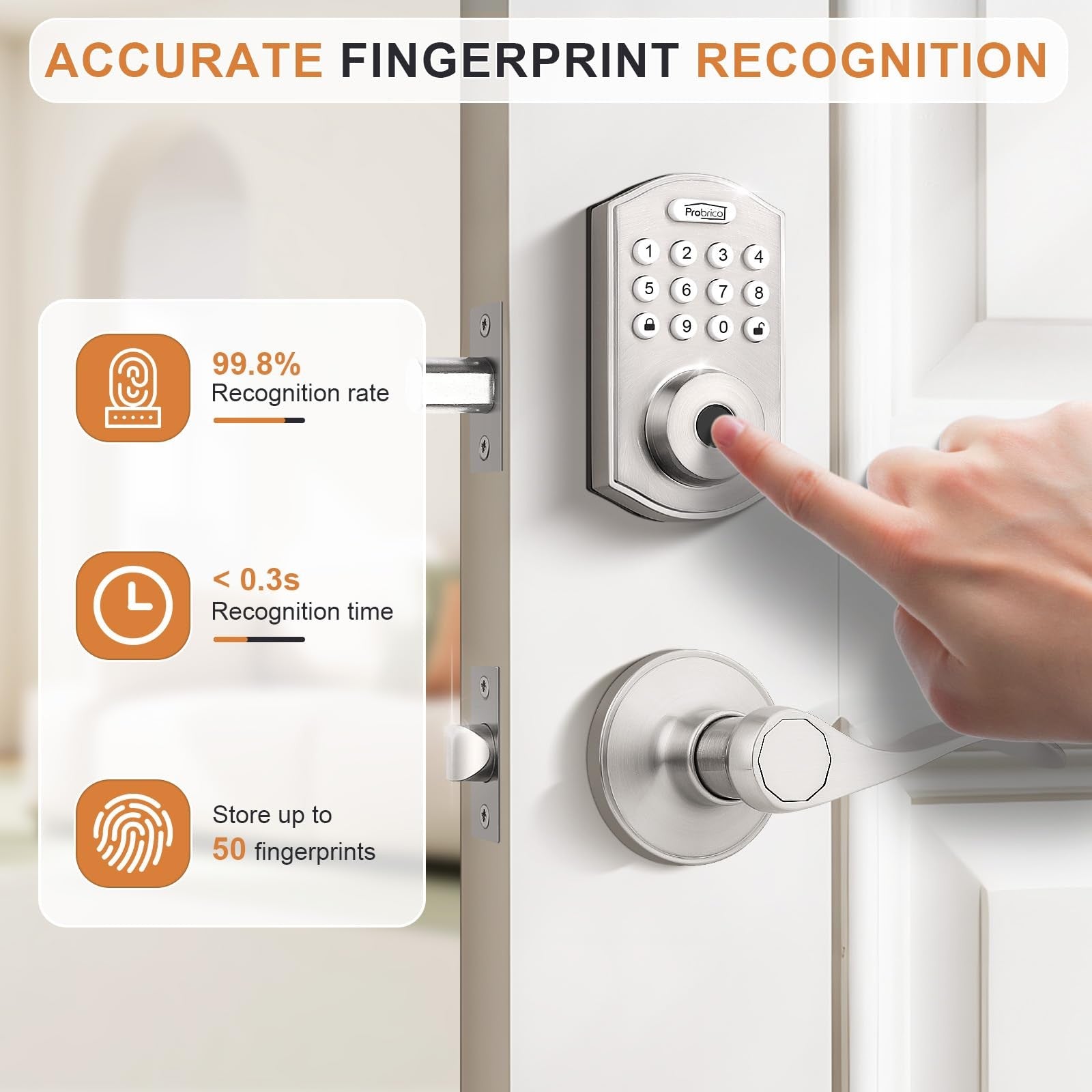 Probrico satin nickel smart door lock with keypad for keyless entry and enhanced security on exterior door