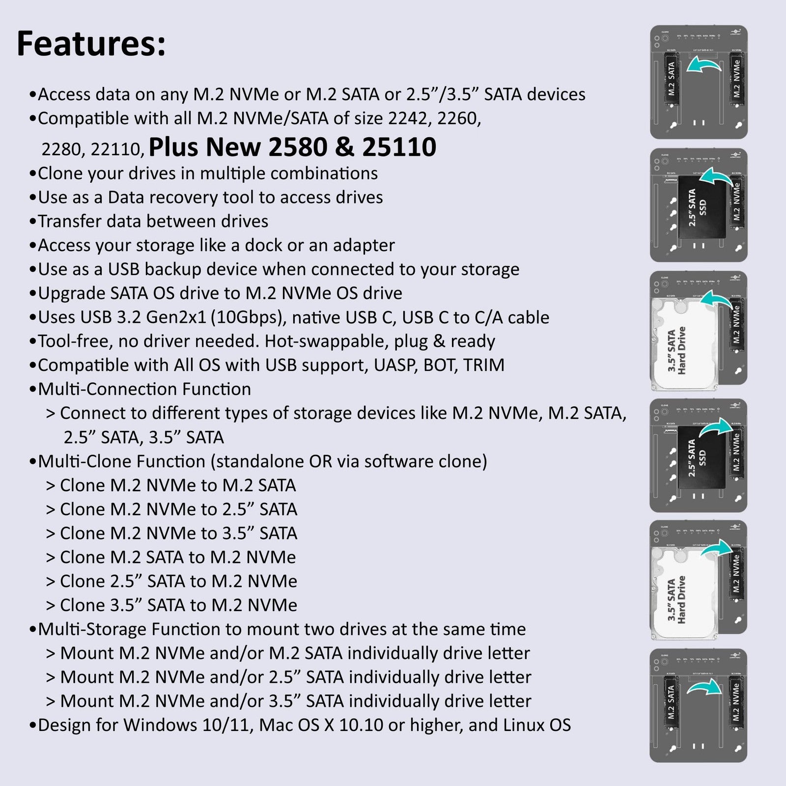 Vantec multi-function storage adapter with cloning feature for M.2 NVMe, SATA SSD, and HDD drives, connected for data transfer.