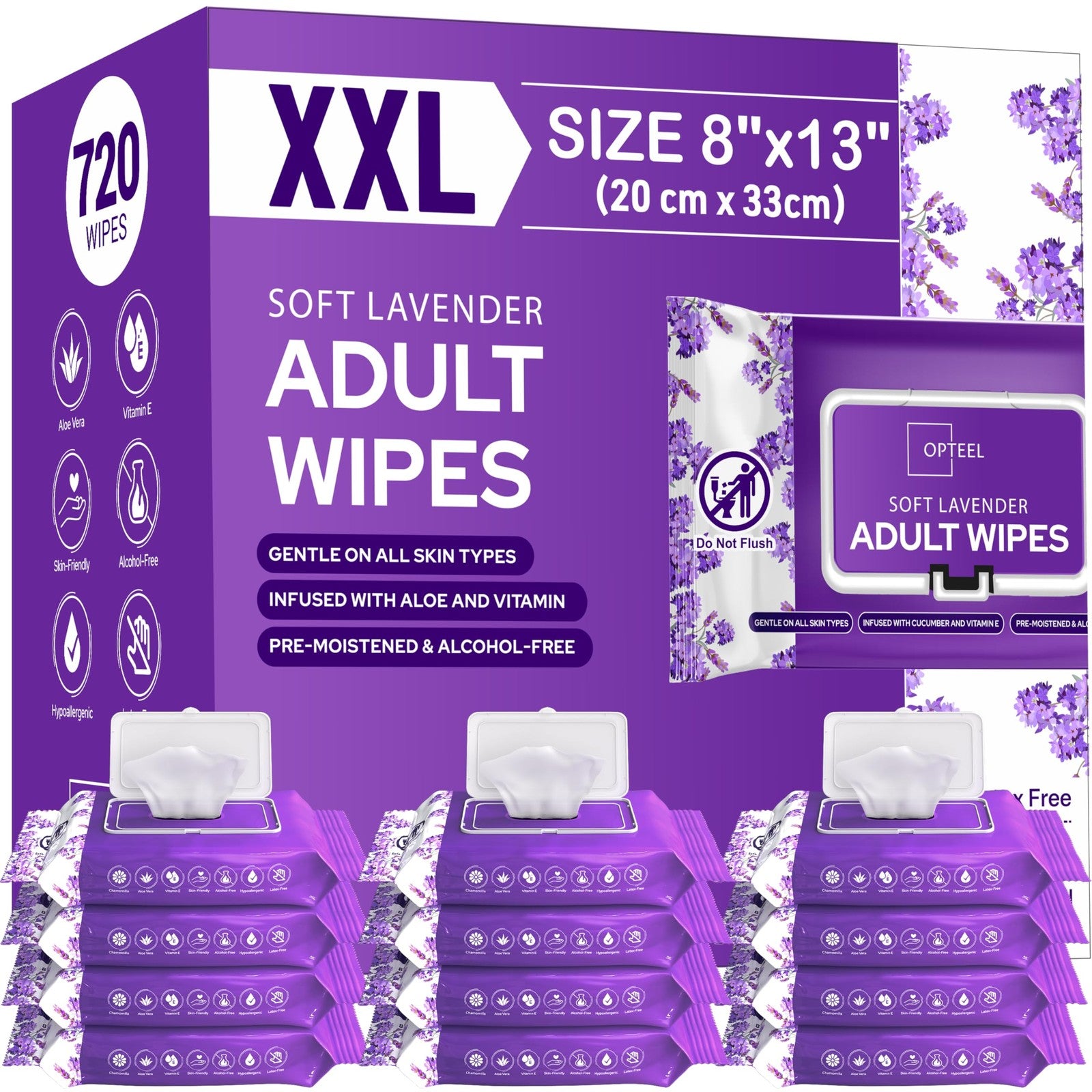 Opteel adult wet wipes with lavender scent, 720 count soft disposable washcloths shown in a sealed pack.