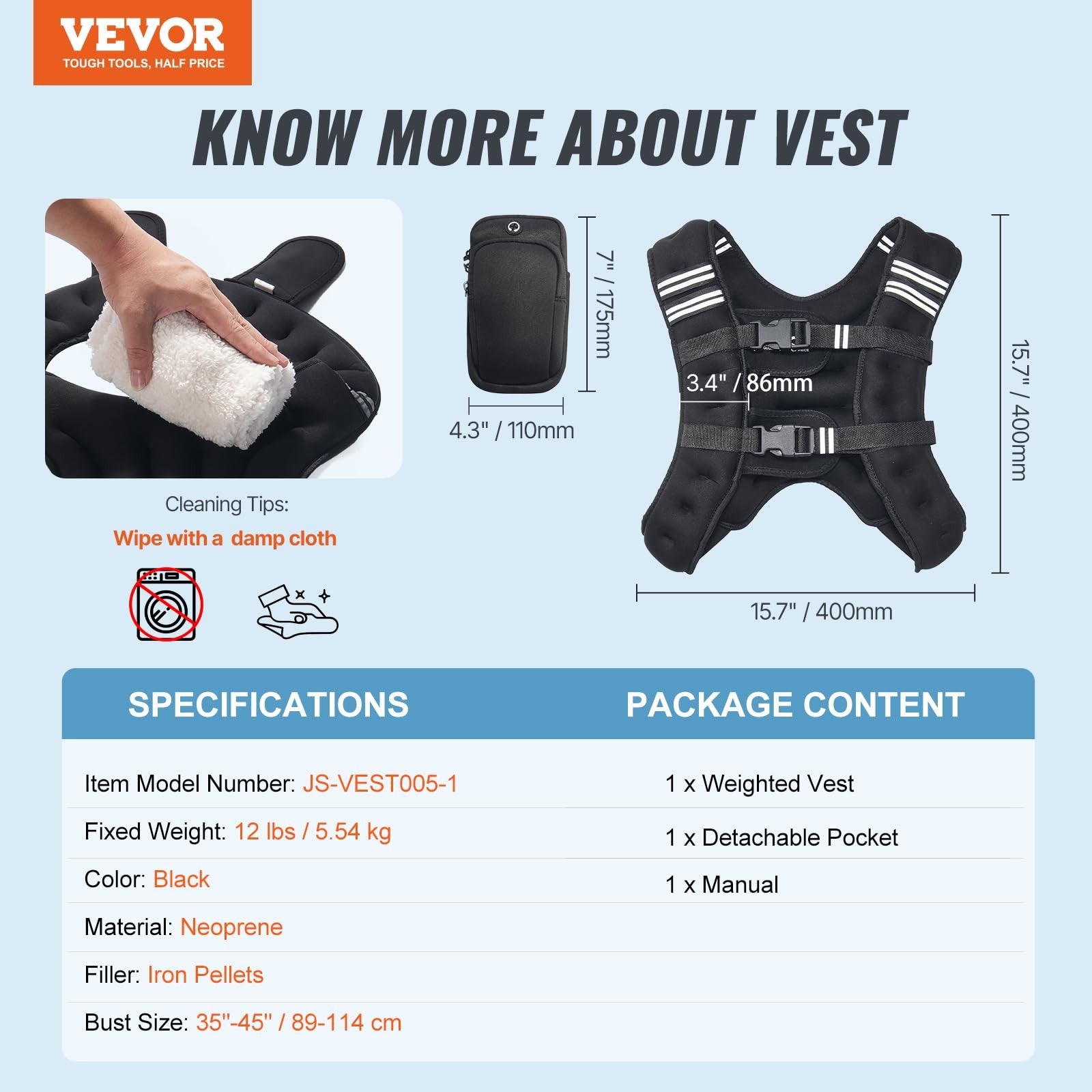 VEVOR 12 lb weighted vest with adjustable straps and reflective stripe for fitness training and strength exercises.
