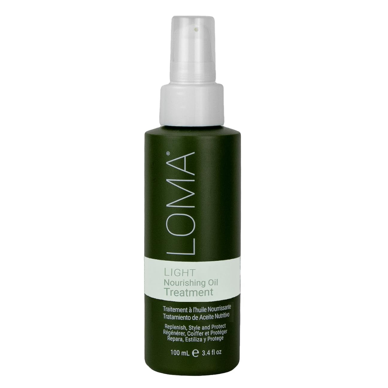 Loma Nourishing Oil Treatment Light bottle with pump dispenser, sleek design, and product label visible.