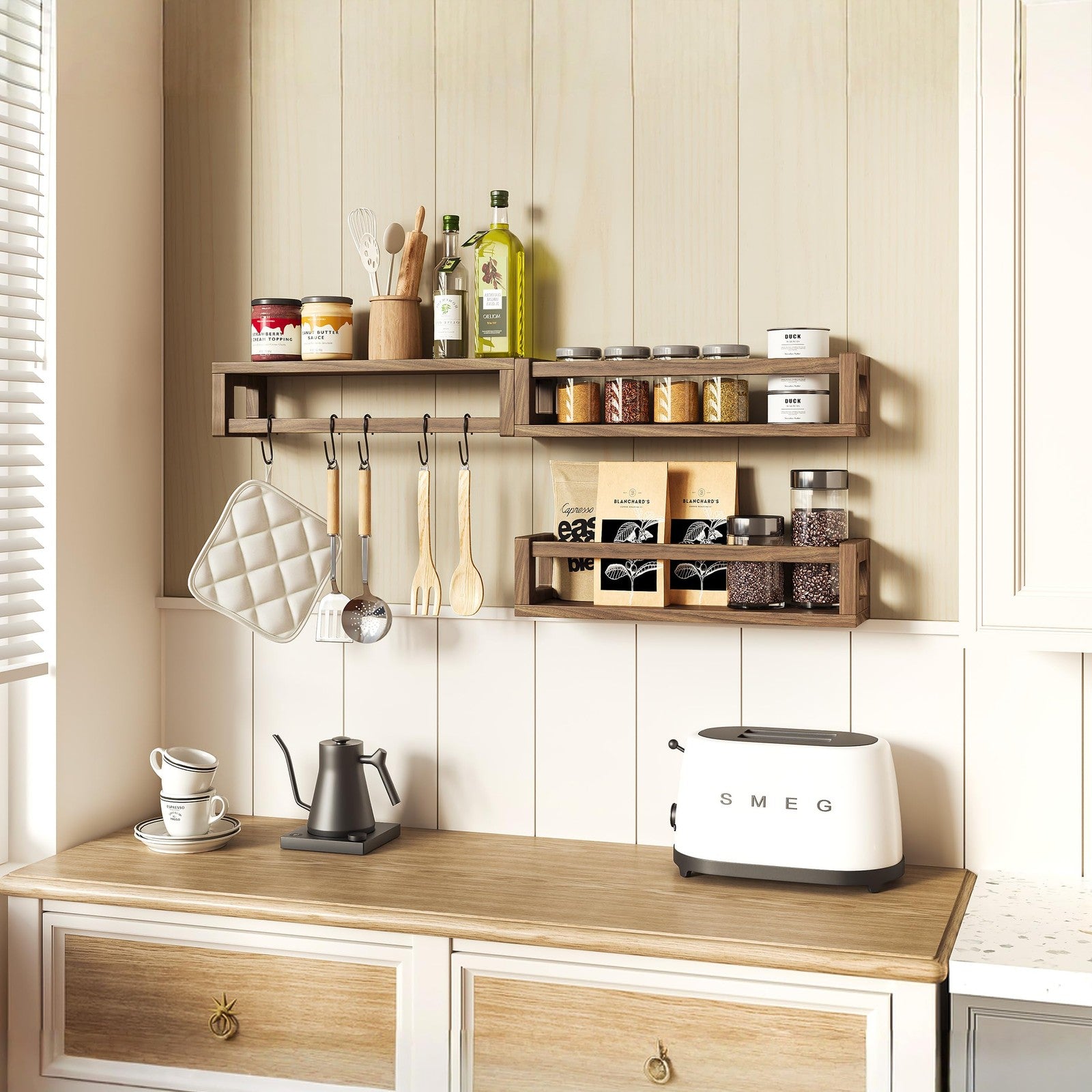 TidyCorner upgraded thick solid wood floating shelves mounted on wall, ideal for books and decor display.