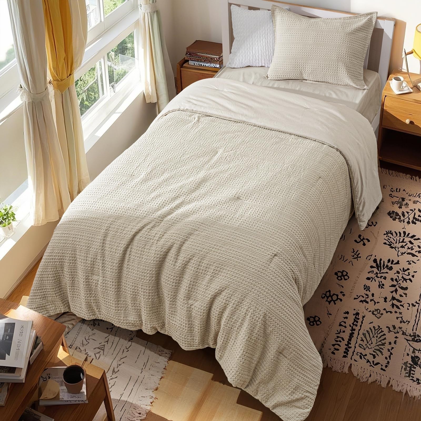 PHF twin size soft waffle comforter set featuring breathable waffle weave design, ideal for cozy, comfortable bedding.