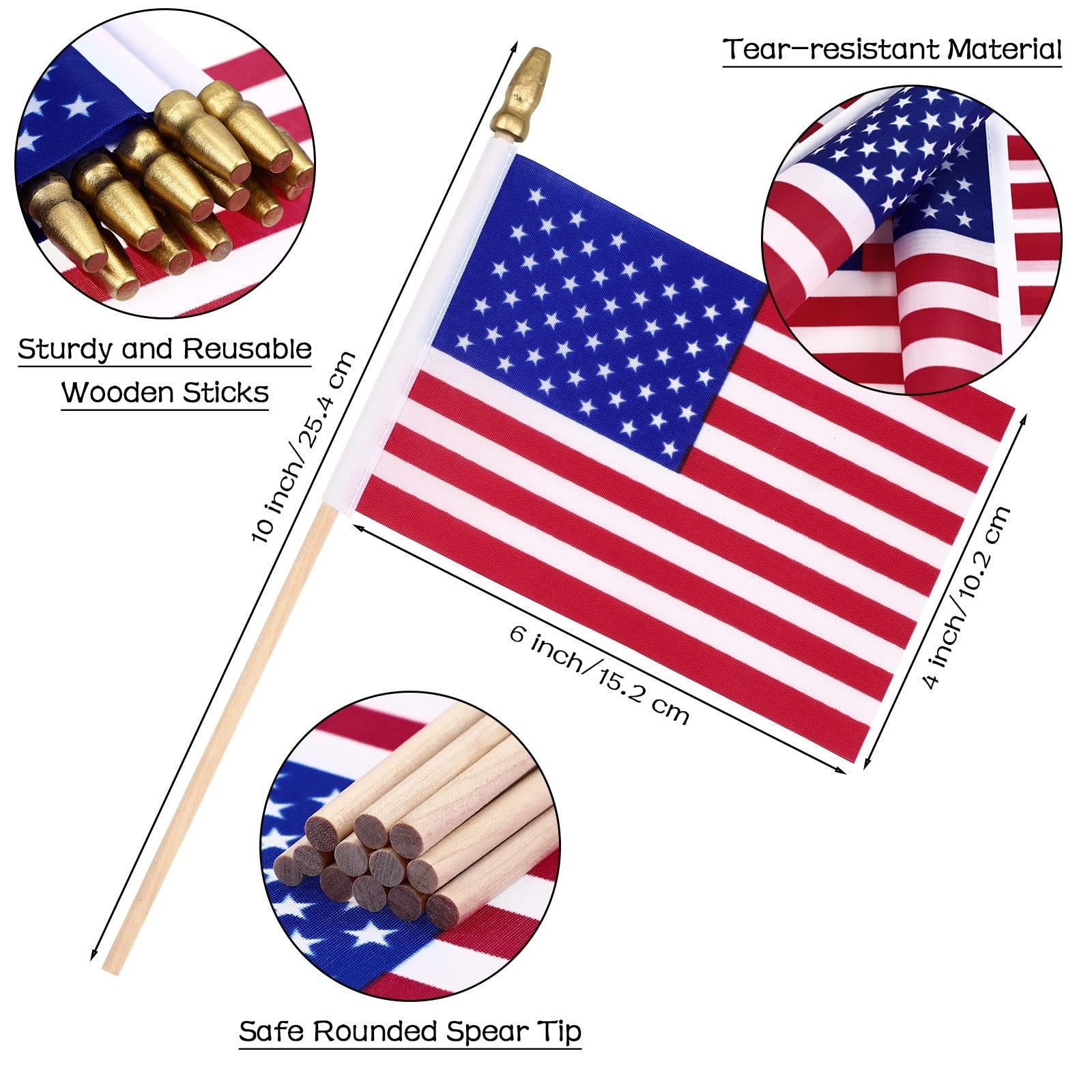 Set of 10 Tegeme small American flags on sticks, 4x6 inches, with gold accents, suitable for celebrations and patriotic displays.