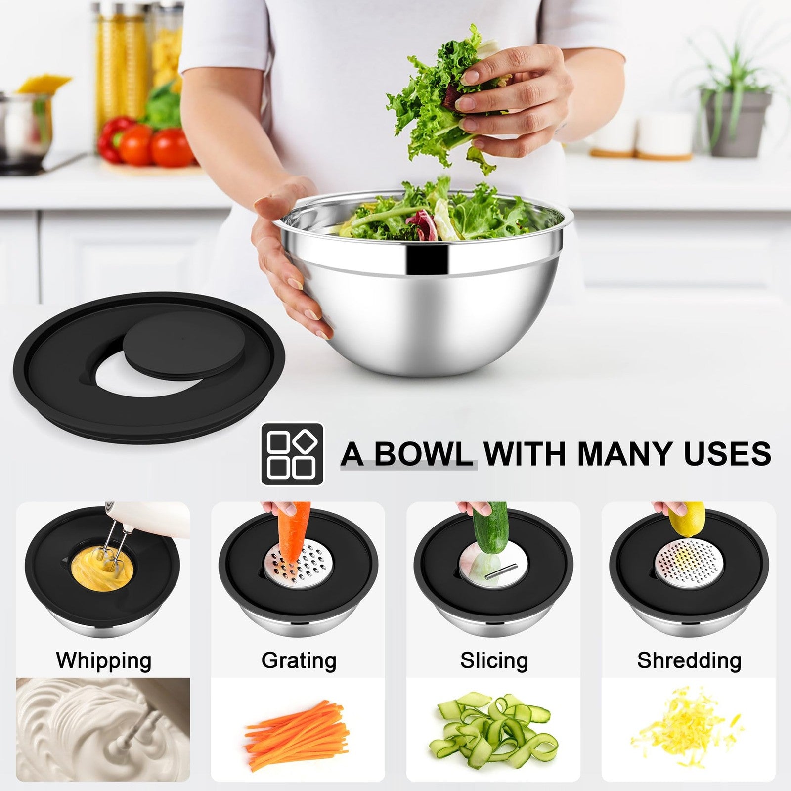 Set of 21 stainless steel E-far mixing bowls with lids, showcasing different sizes stacked together for salad and baking prep.