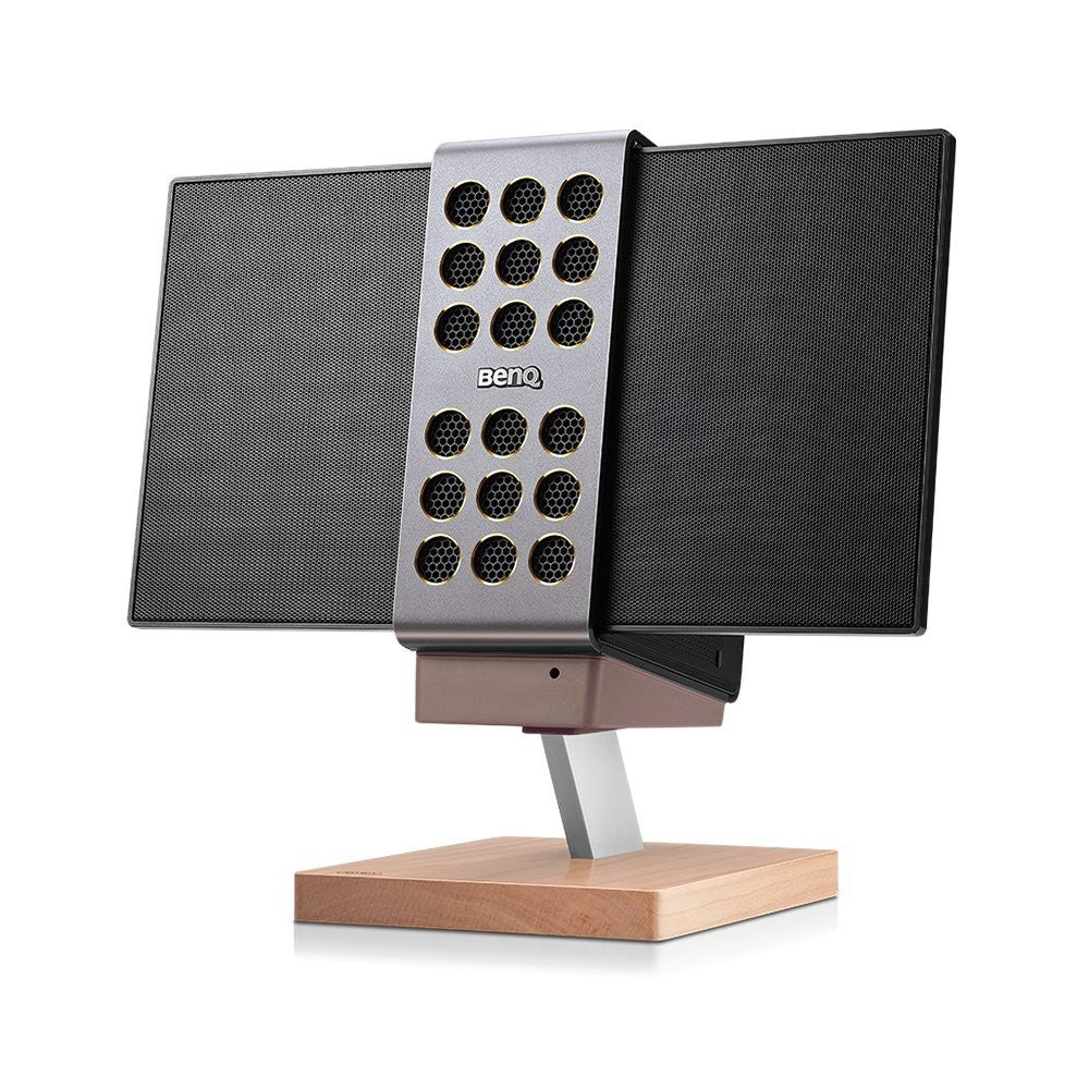 BenQ treVolo stand in cherry wood finish designed for treVolo portable Bluetooth speakers, shown on a flat surface.