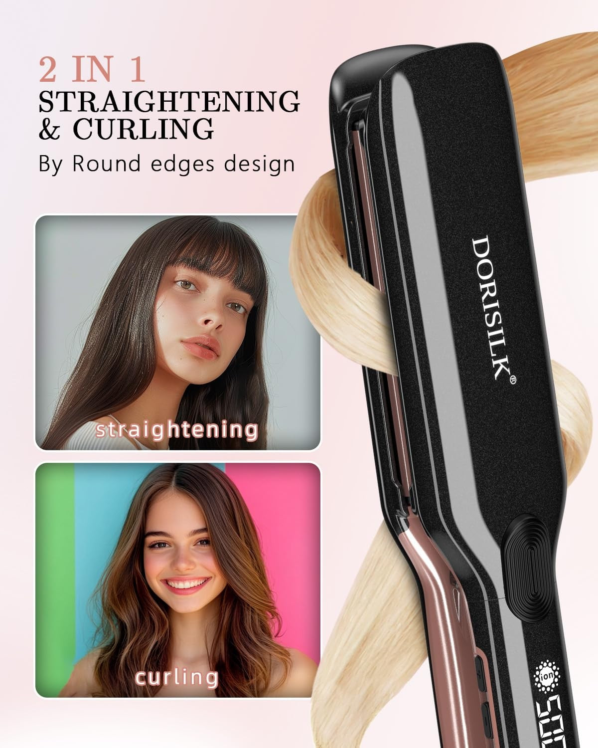 DORISILK 500 Degree high temp professional ceramic wide flat hair straightener on a black background