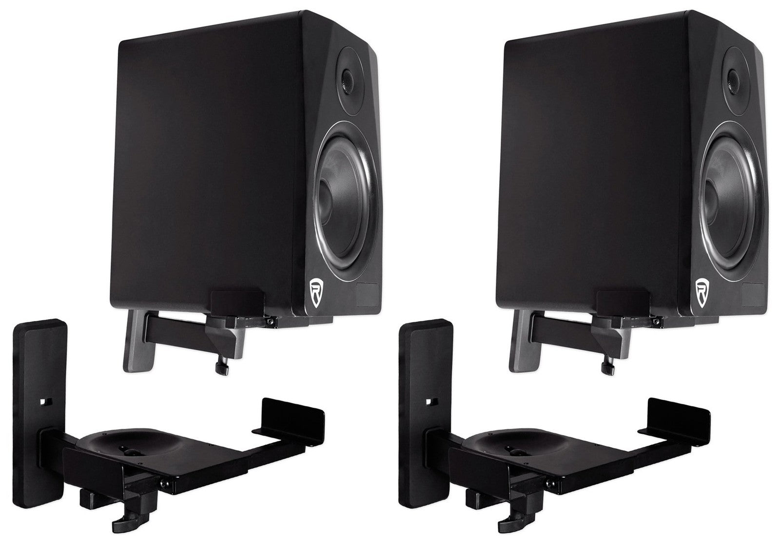 Pair of Rockville RHSB8 adjustable wall mount speaker brackets with 180-degree swivel for secure installation.