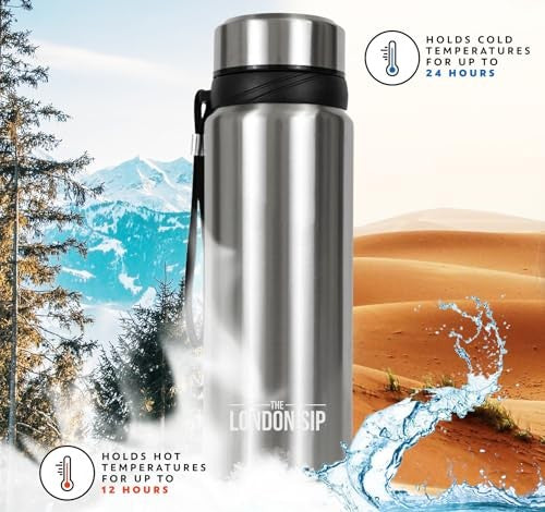 London Sip 25 oz travel mug with tea infuser, stainless steel water bottle, and multi-function lid for hot and cold beverages